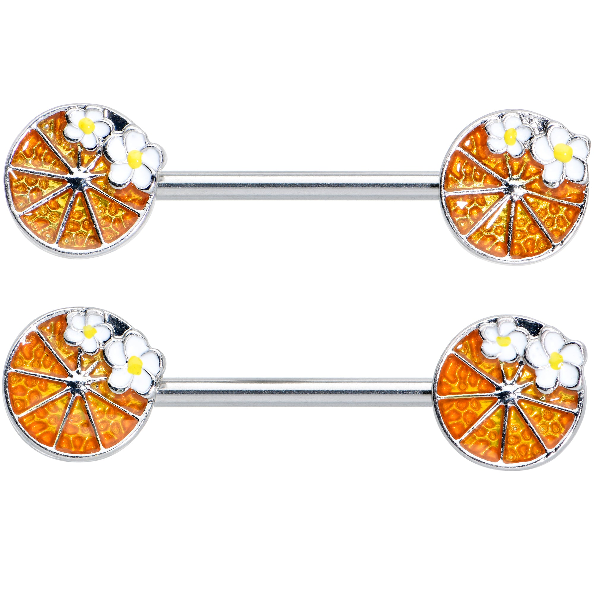 14 Gauge 9/16 Sweet Orange Fruit Flower Barbell Nipple Ring Set