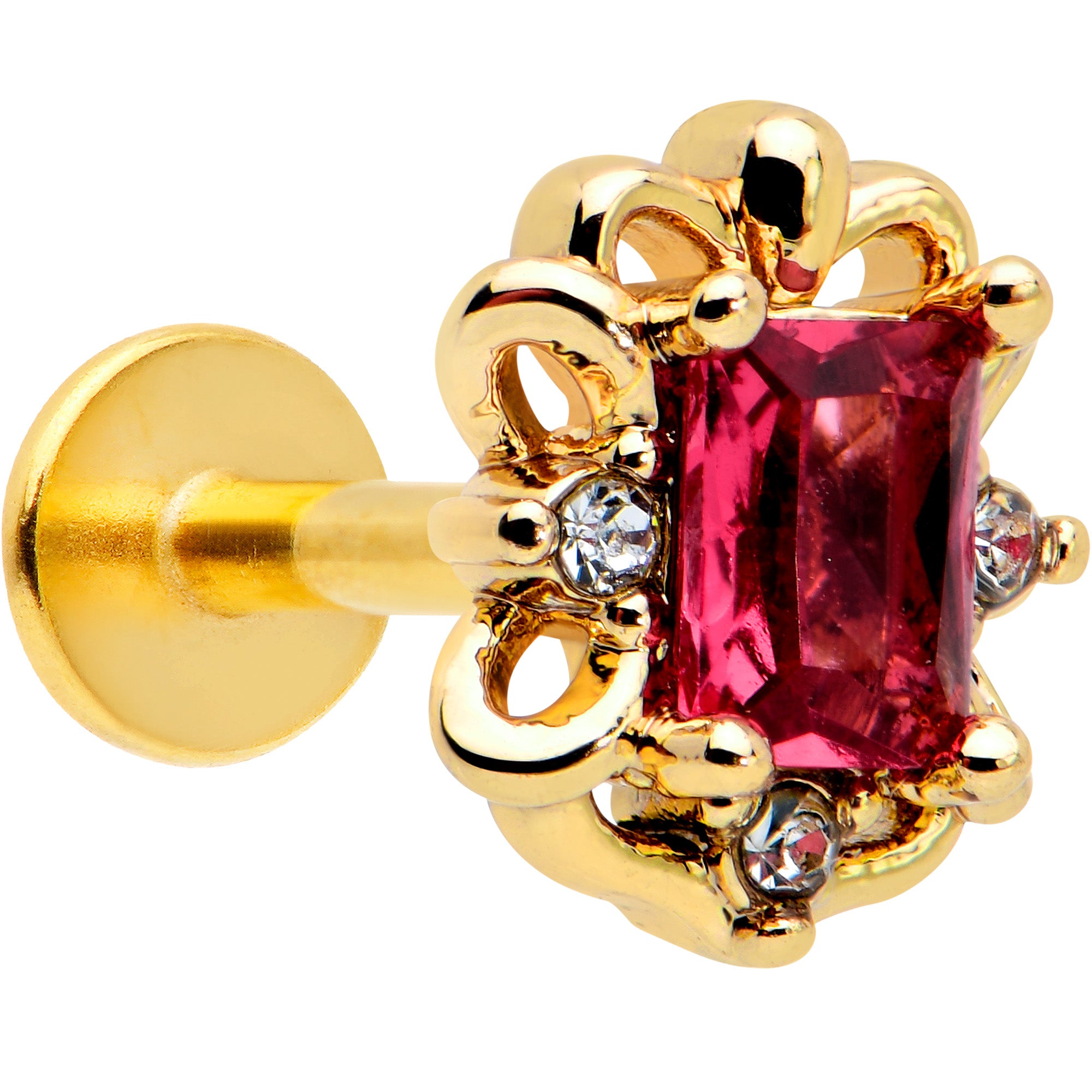 16 Gauge 1/4 Red Gem Gold Tone Regal Escutcheon Labret Monroe Tragus