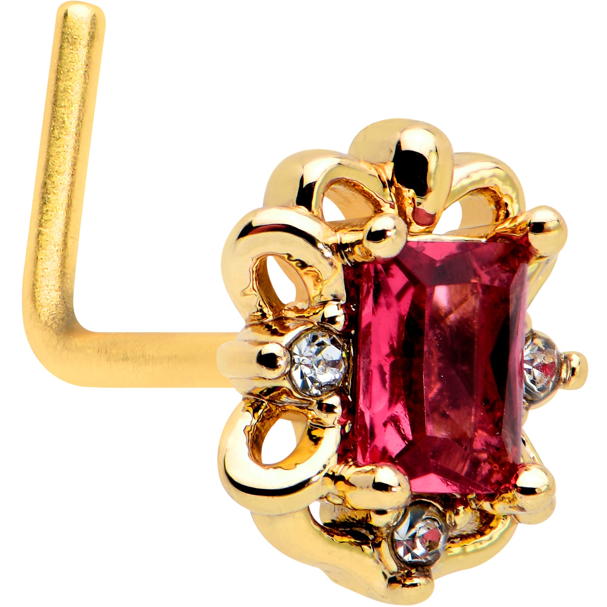 20 Gauge 7mm Red Gem Gold Tone Regal Escutcheon L Shape Nose Ring