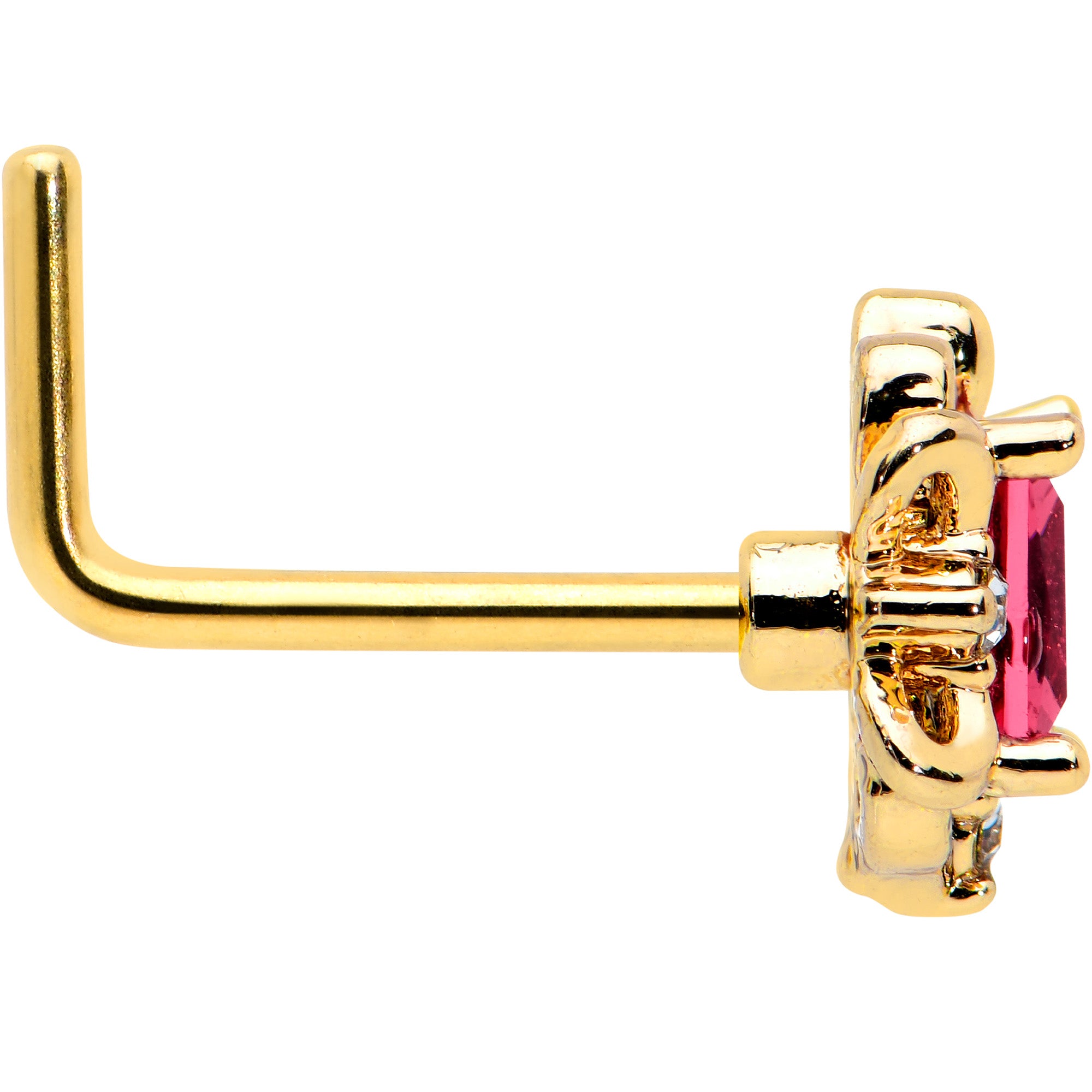 20 Gauge 7mm Red Gem Gold Tone Regal Escutcheon L Shape Nose Ring