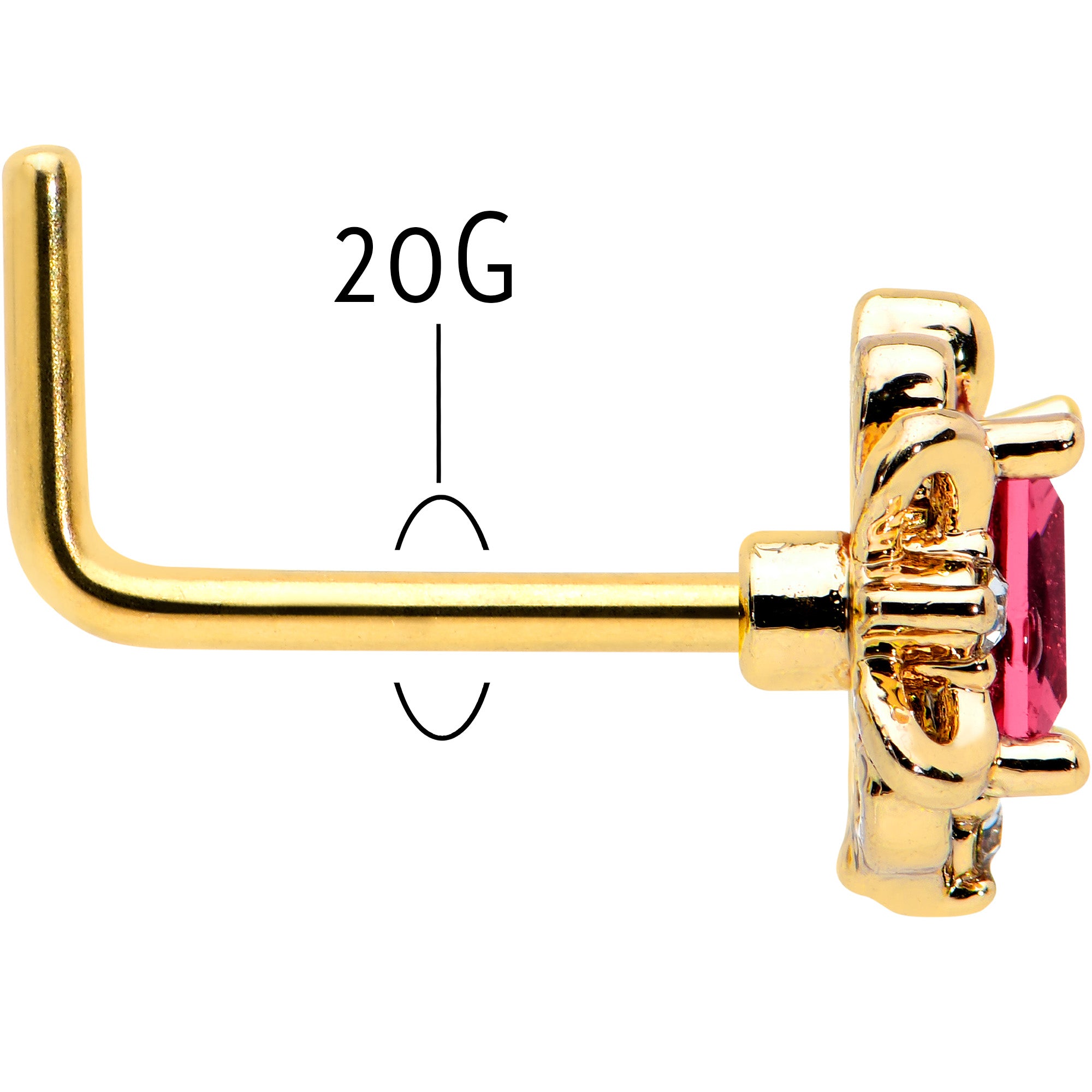 20 Gauge 7mm Red Gem Gold Tone Regal Escutcheon L Shape Nose Ring