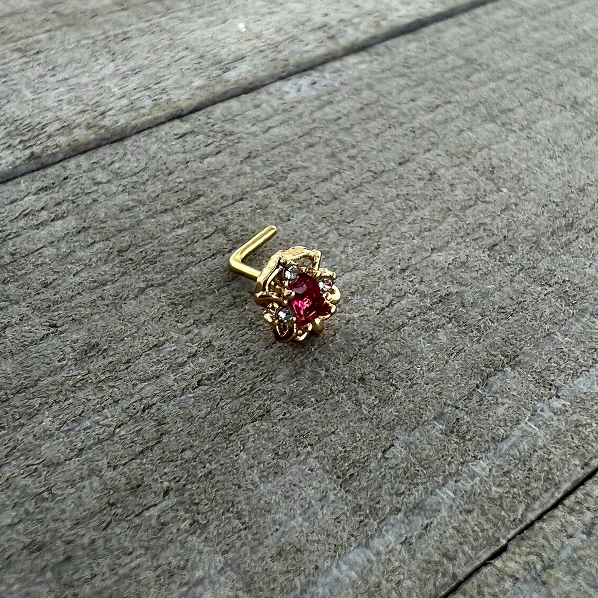 20 Gauge 7mm Red Gem Gold Tone Regal Escutcheon L Shape Nose Ring