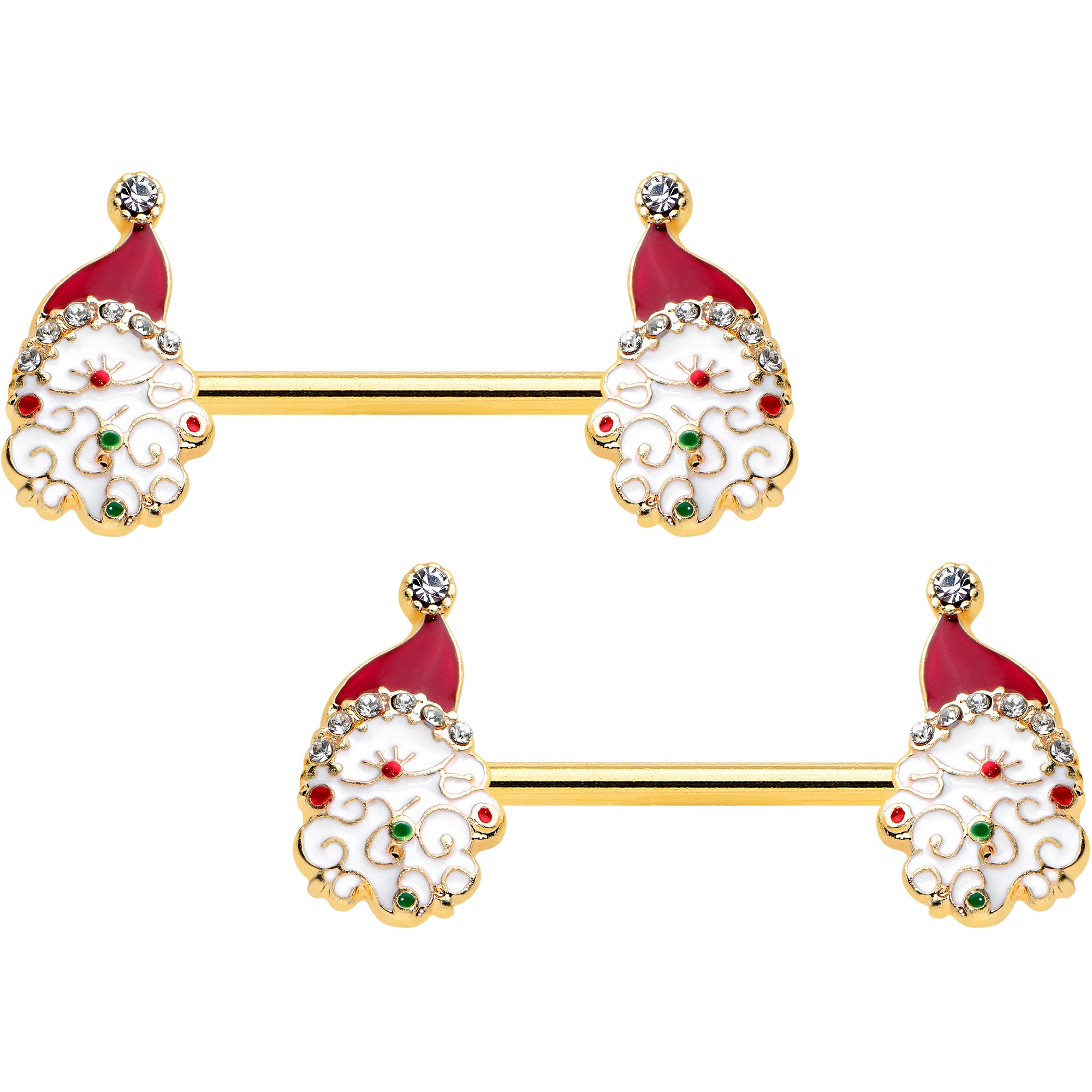 14 Gauge 1/2 Clear Gem Gold Tone Decorated Santa Barbell Nipple Ring Set