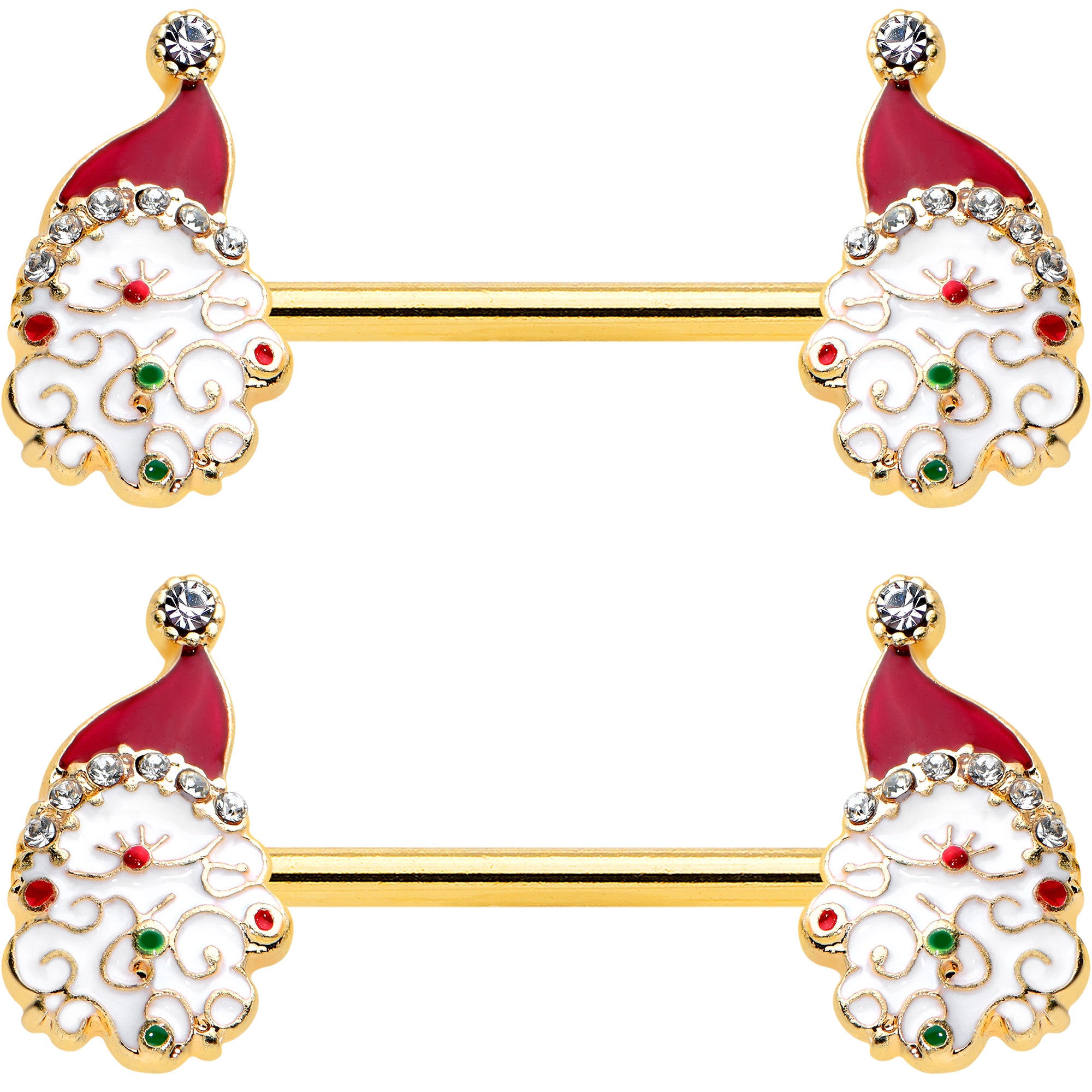 14 Gauge 1/2 Clear Gem Gold Tone Decorated Santa Barbell Nipple Ring Set