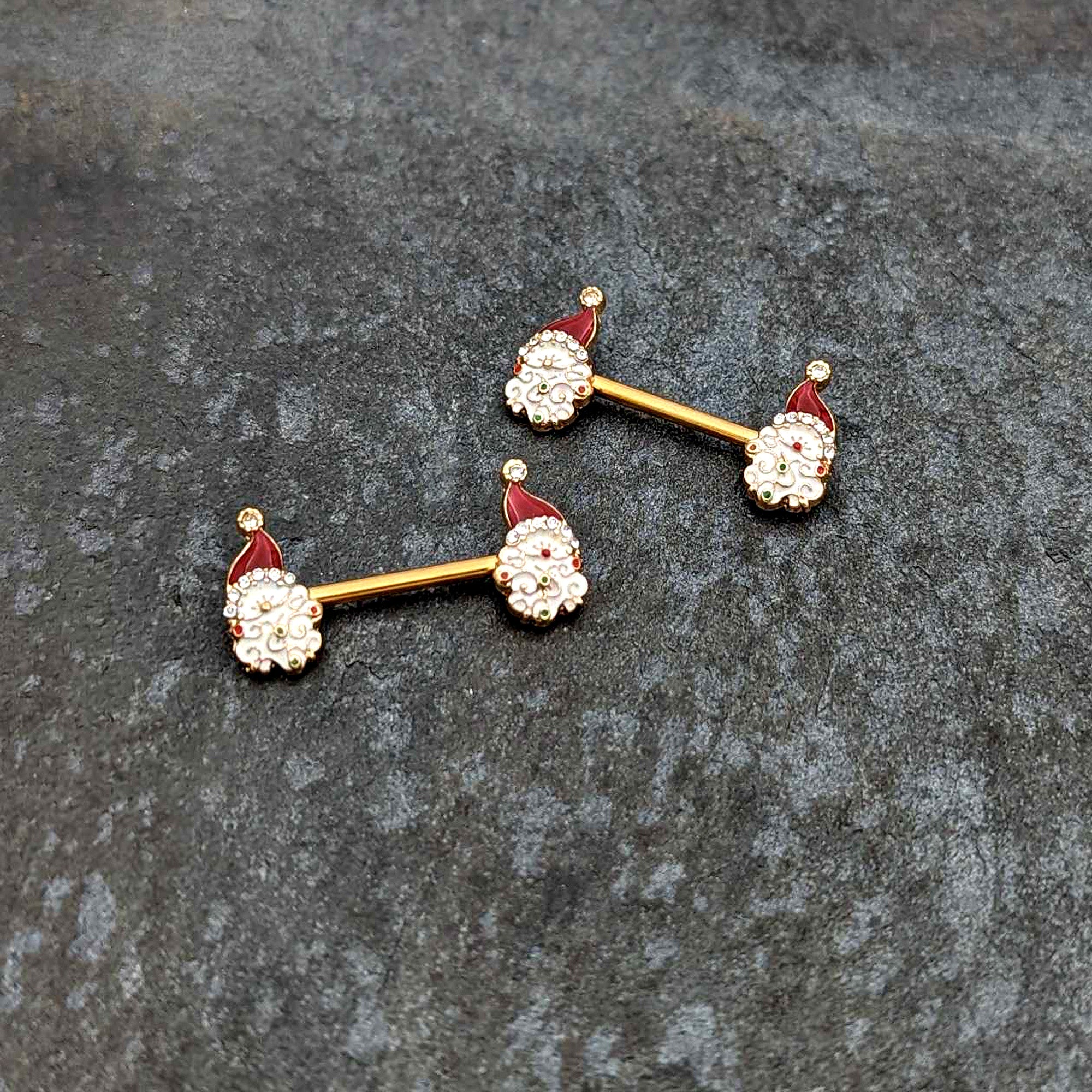 14 Gauge 1/2 Clear Gem Gold Tone Decorated Santa Barbell Nipple Ring Set