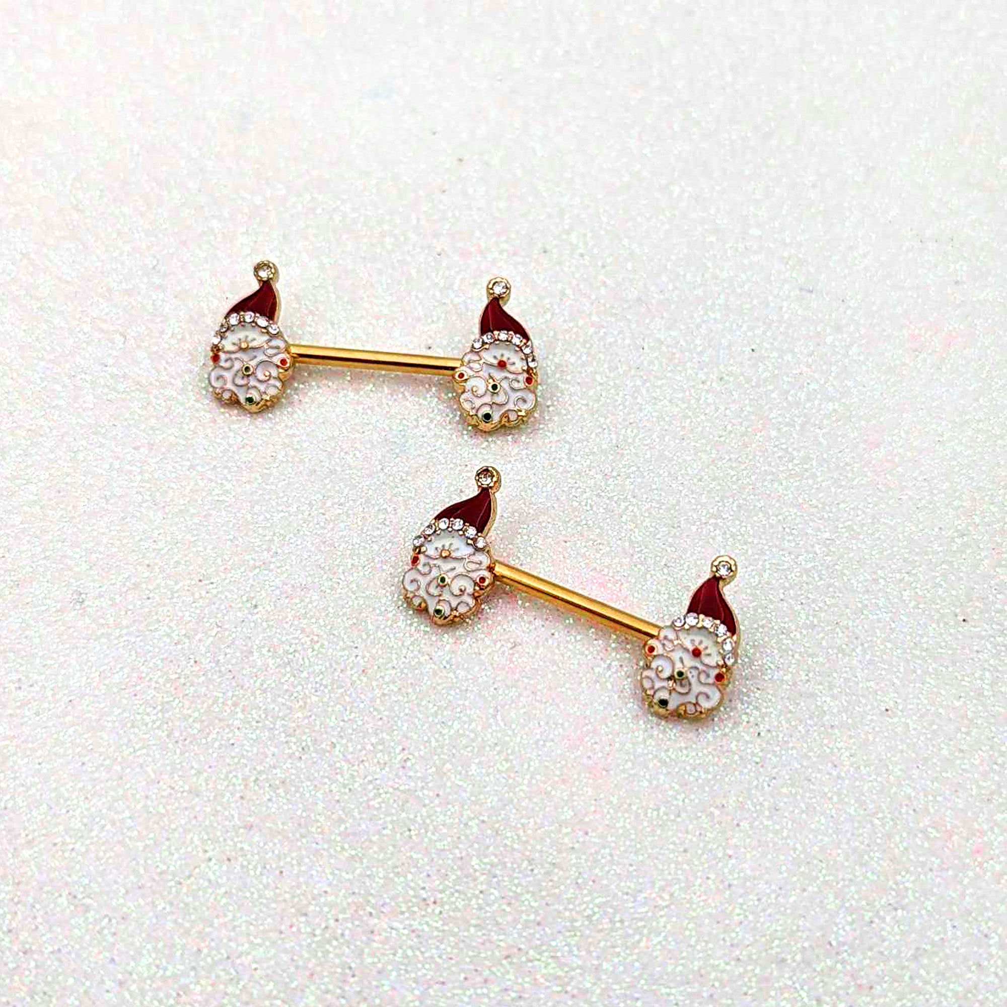 14 Gauge 1/2 Clear Gem Gold Tone Decorated Santa Barbell Nipple Ring Set