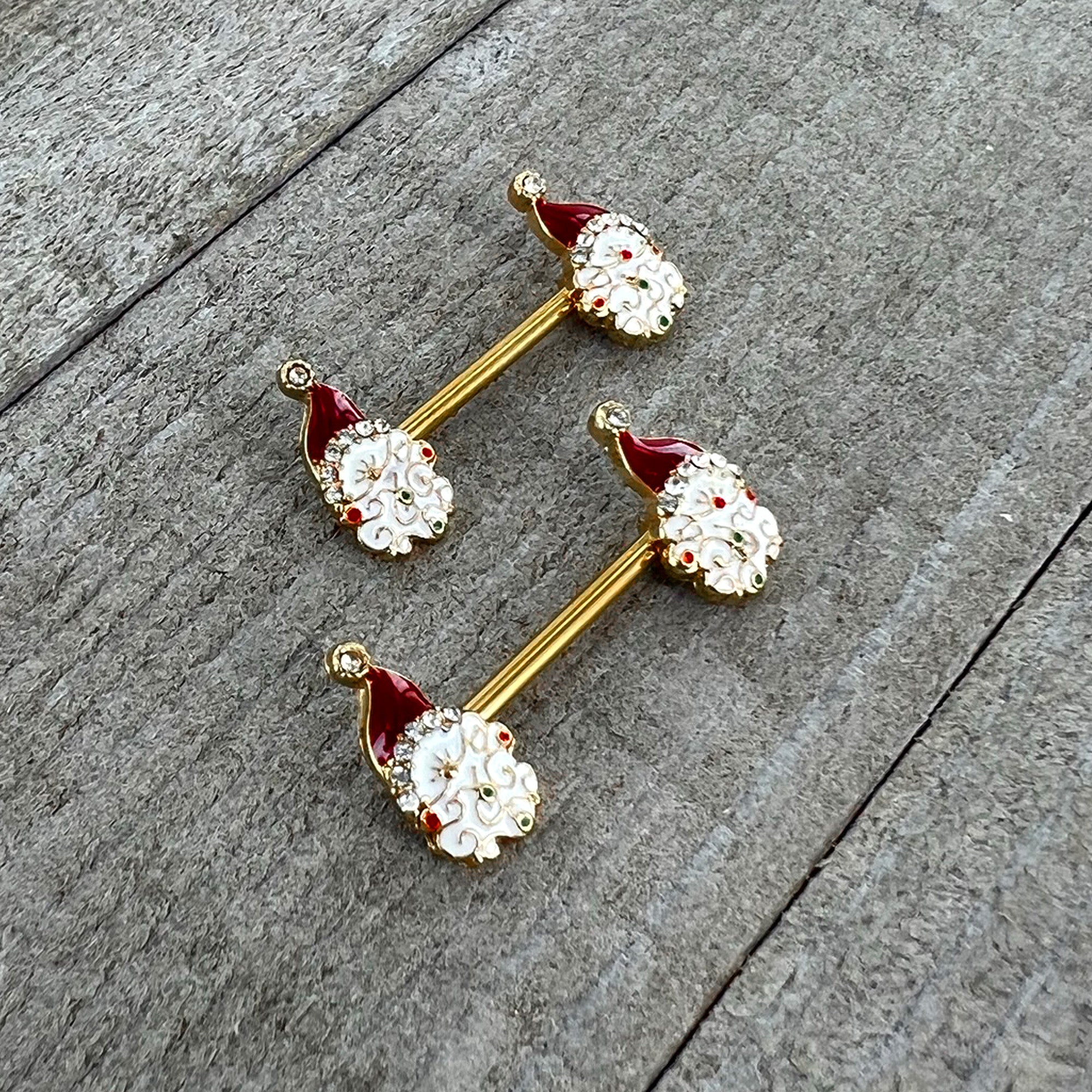 14 Gauge 1/2 Clear Gem Gold Tone Decorated Santa Barbell Nipple Ring Set