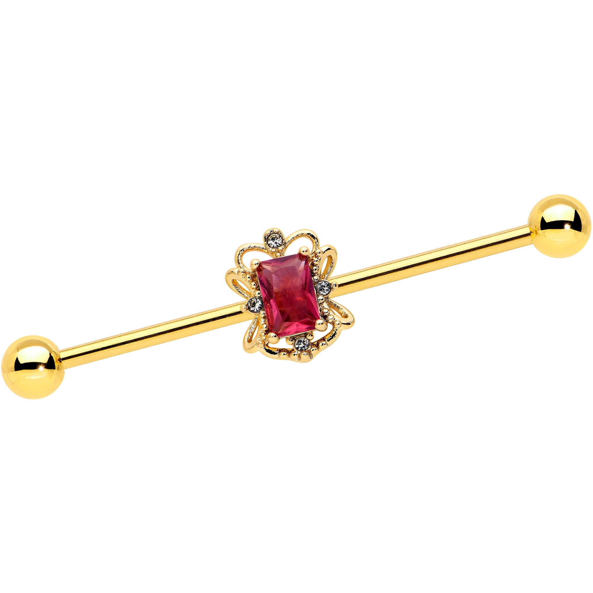 14 Gauge Red Gem Gold Tone Regal Escutcheon Industrial Barbell 38mm