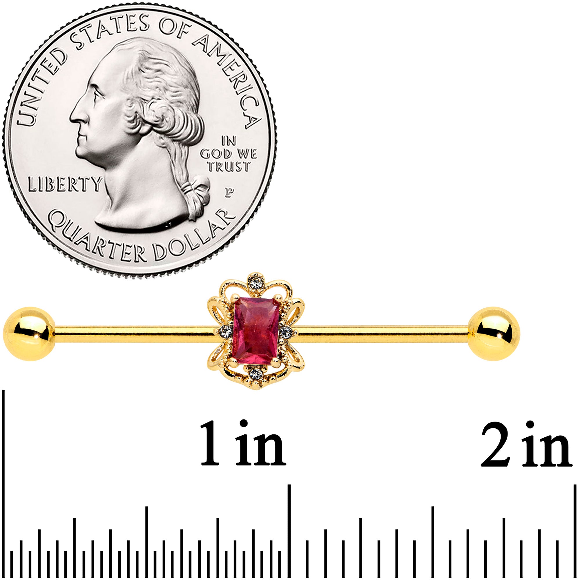 14 Gauge Red Gem Gold Tone Regal Escutcheon Industrial Barbell 38mm