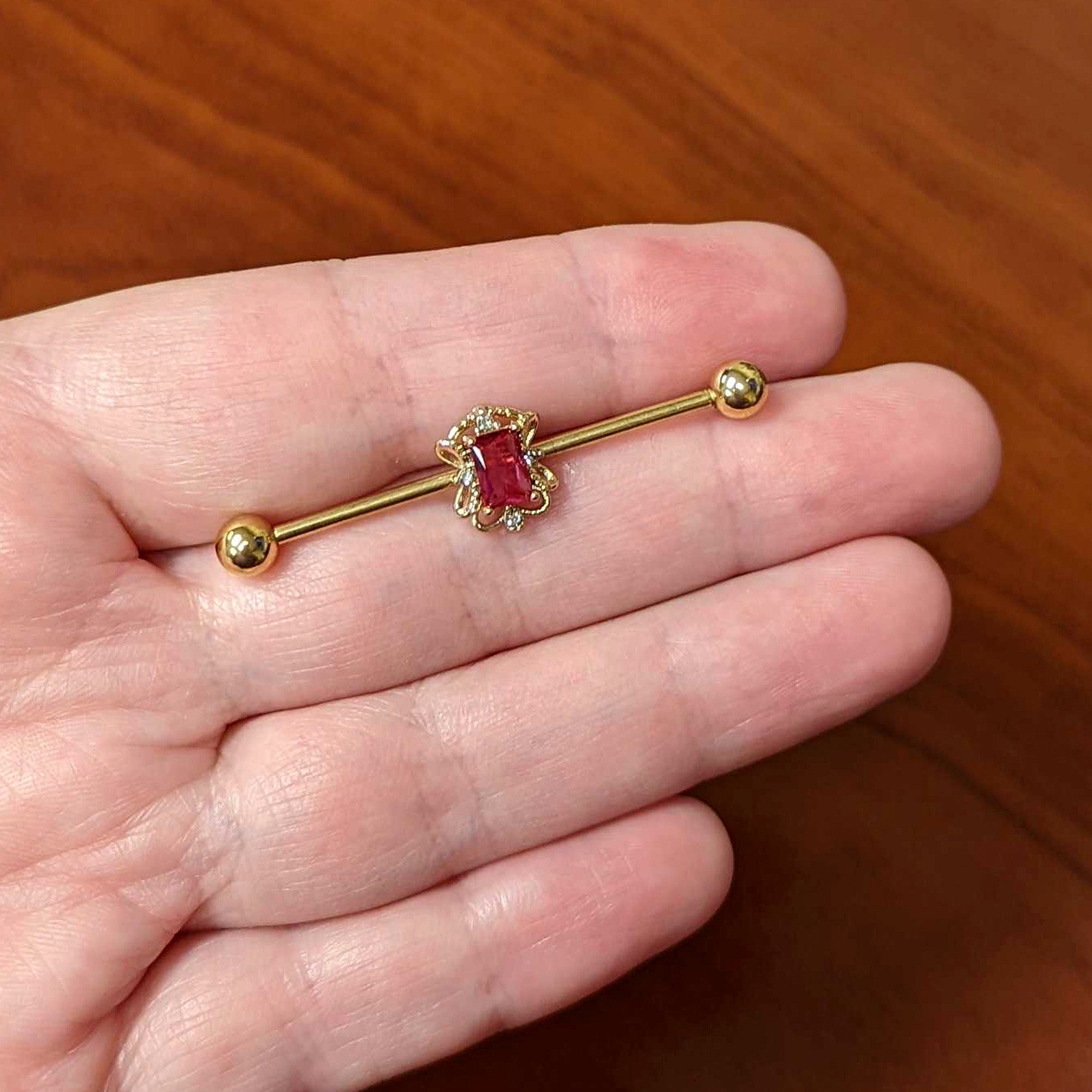 14 Gauge Red Gem Gold Tone Regal Escutcheon Industrial Barbell 38mm