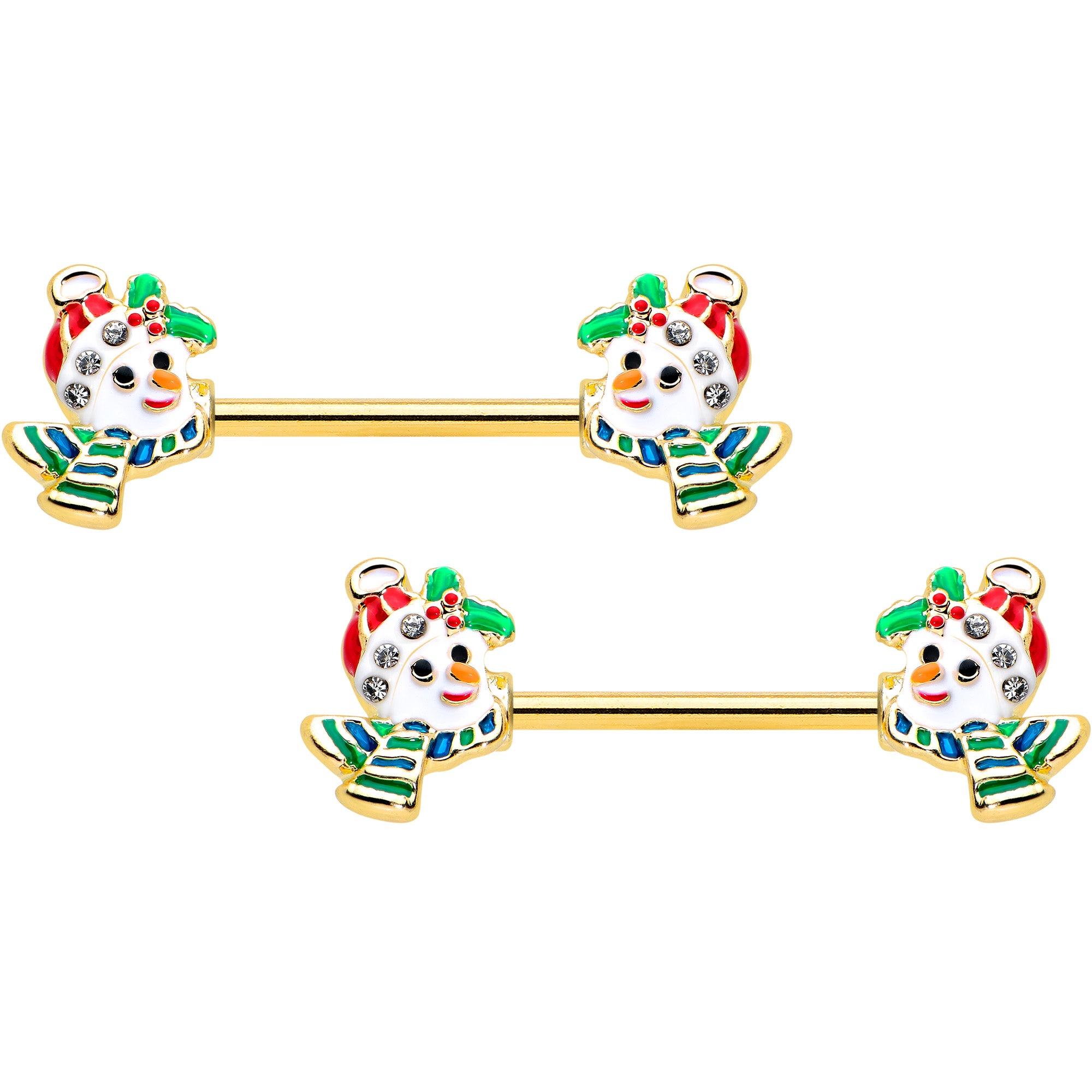 14 Gauge 9/16 Clear Gem Gold Tone Snowman Christmas Nipple Ring Set