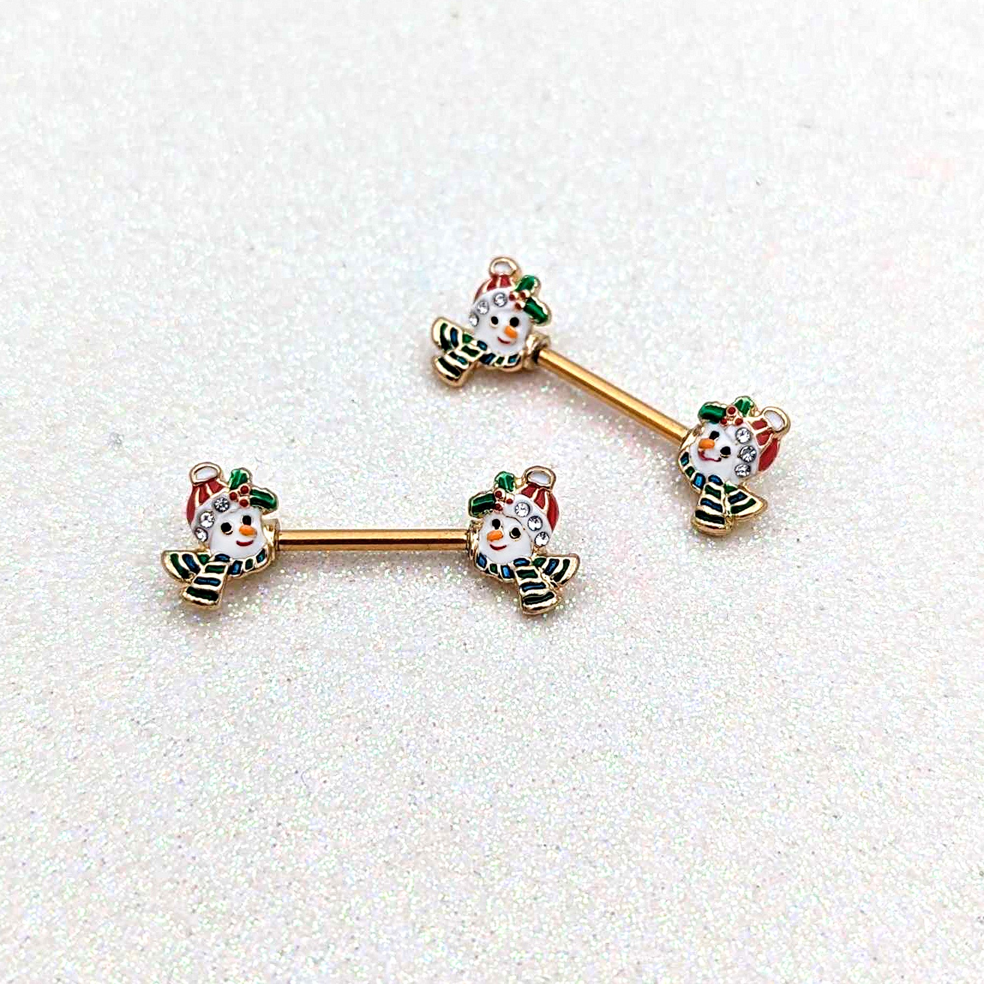 14 Gauge 9/16 Clear Gem Gold Tone Snowman Christmas Nipple Ring Set