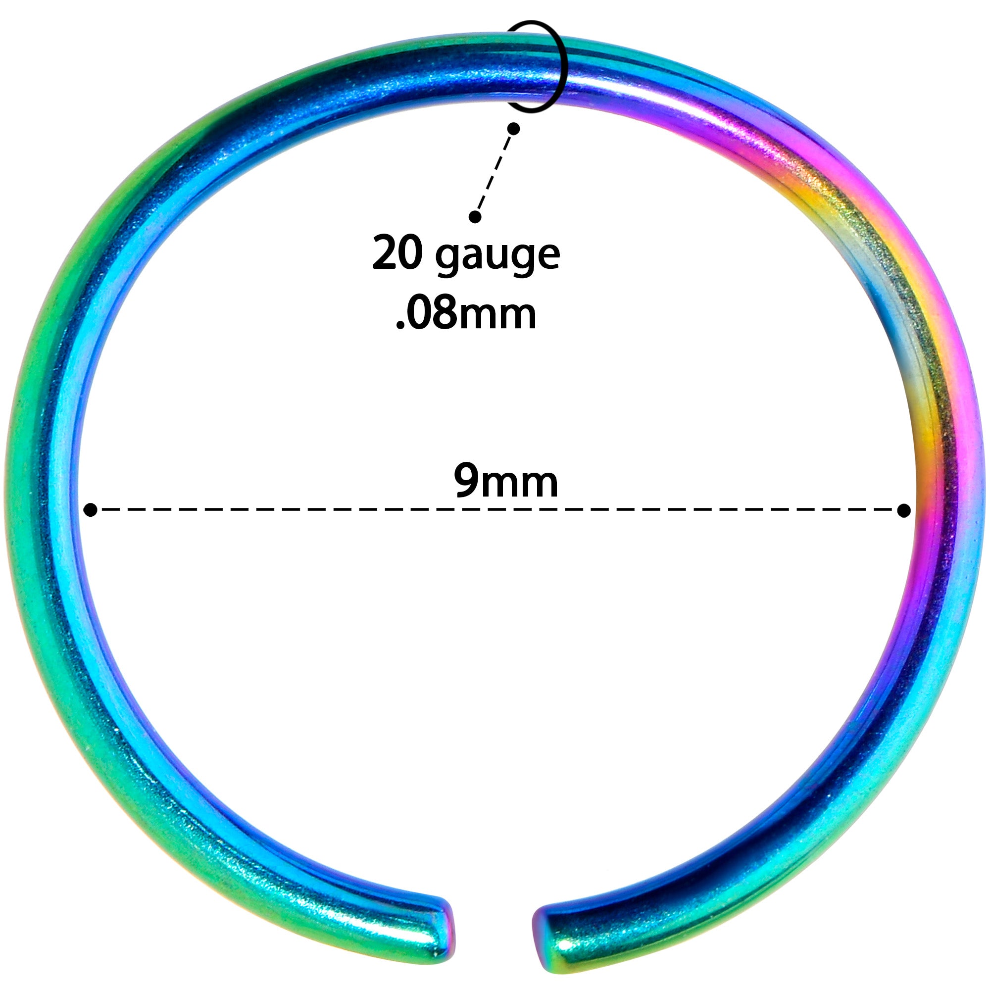 20 Gauge 9mm Rainbow PVD Grade 23 Titanium Bendable Hoop Ring