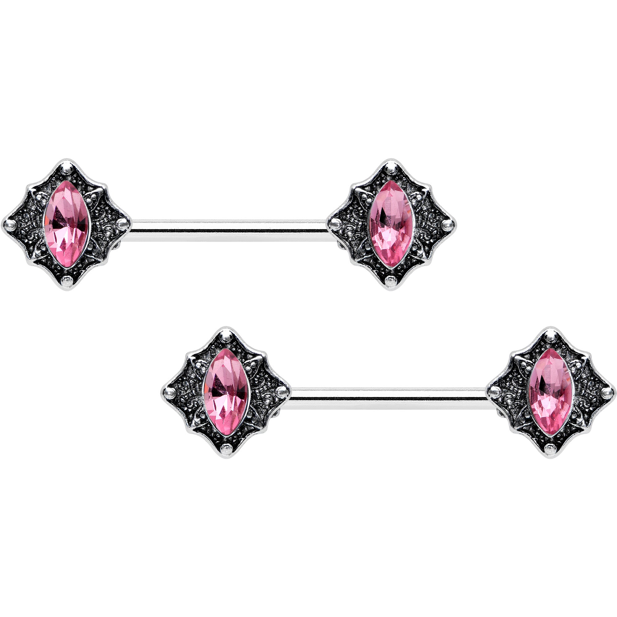 14 Gauge 9/16 Pink Gem Rhombus Retro Barbell Nipple Ring Set