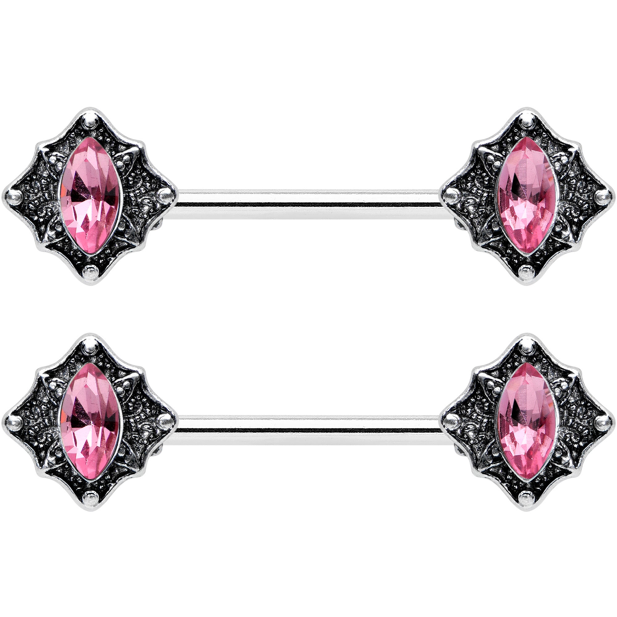 14 Gauge 9/16 Pink Gem Rhombus Retro Barbell Nipple Ring Set