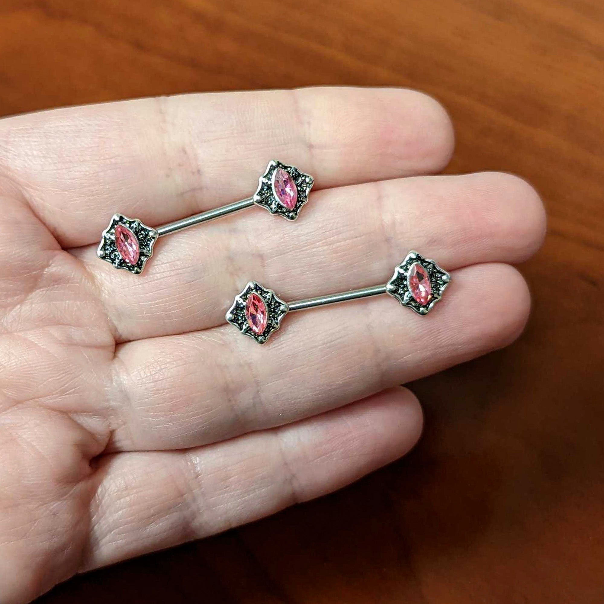 14 Gauge 9/16 Pink Gem Rhombus Retro Barbell Nipple Ring Set