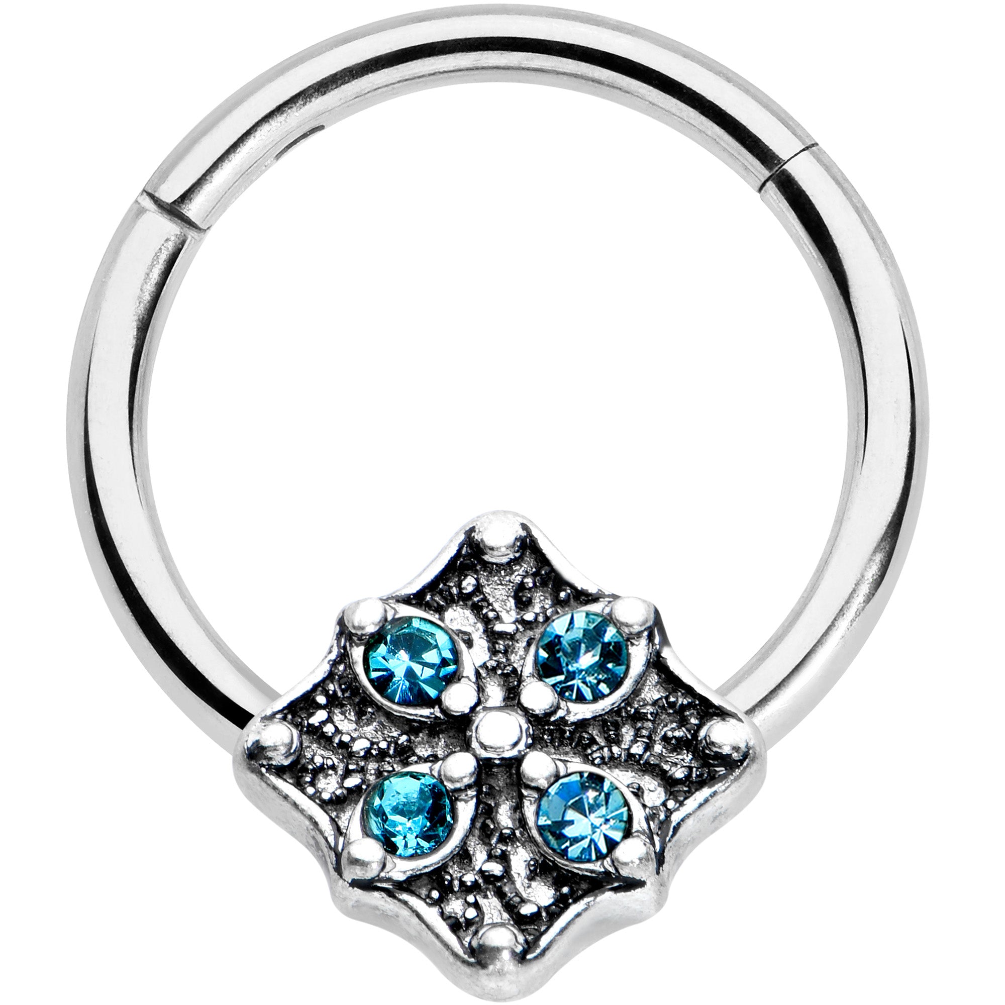 16 Gauge 3/8 Blue Gem Floral Rhombus Baroque Hinged Segment Ring