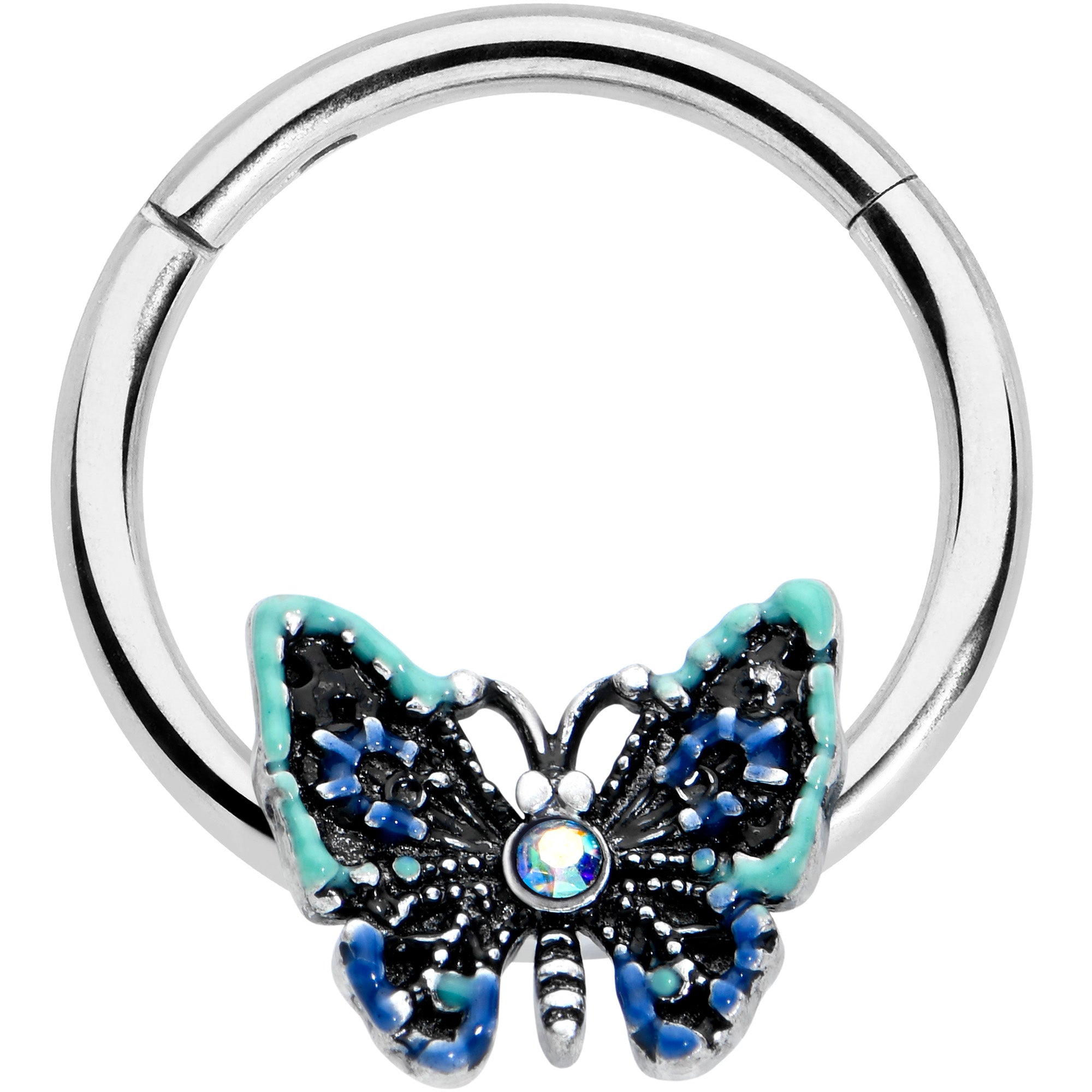 16 Gauge 3/8 Aurora Gem Colorful Glam Butterfly Hinged Segment Ring