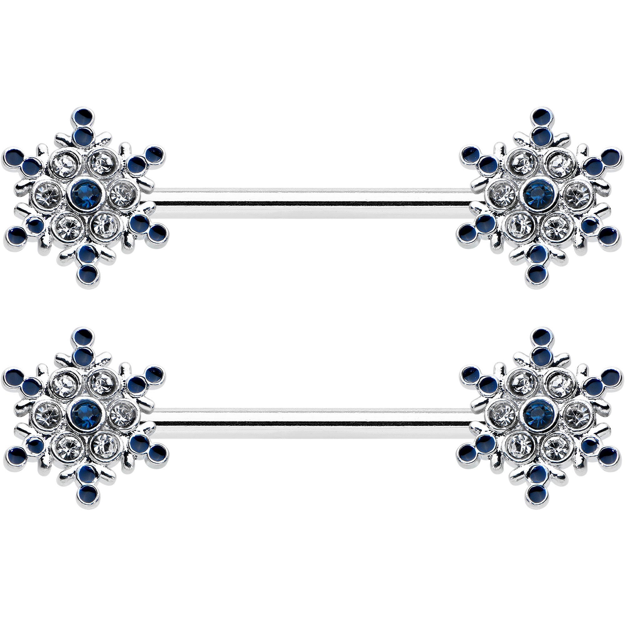 14 Gauge 9/16 Blue Gem Festive Snowflake Christmas Nipple Ring Set