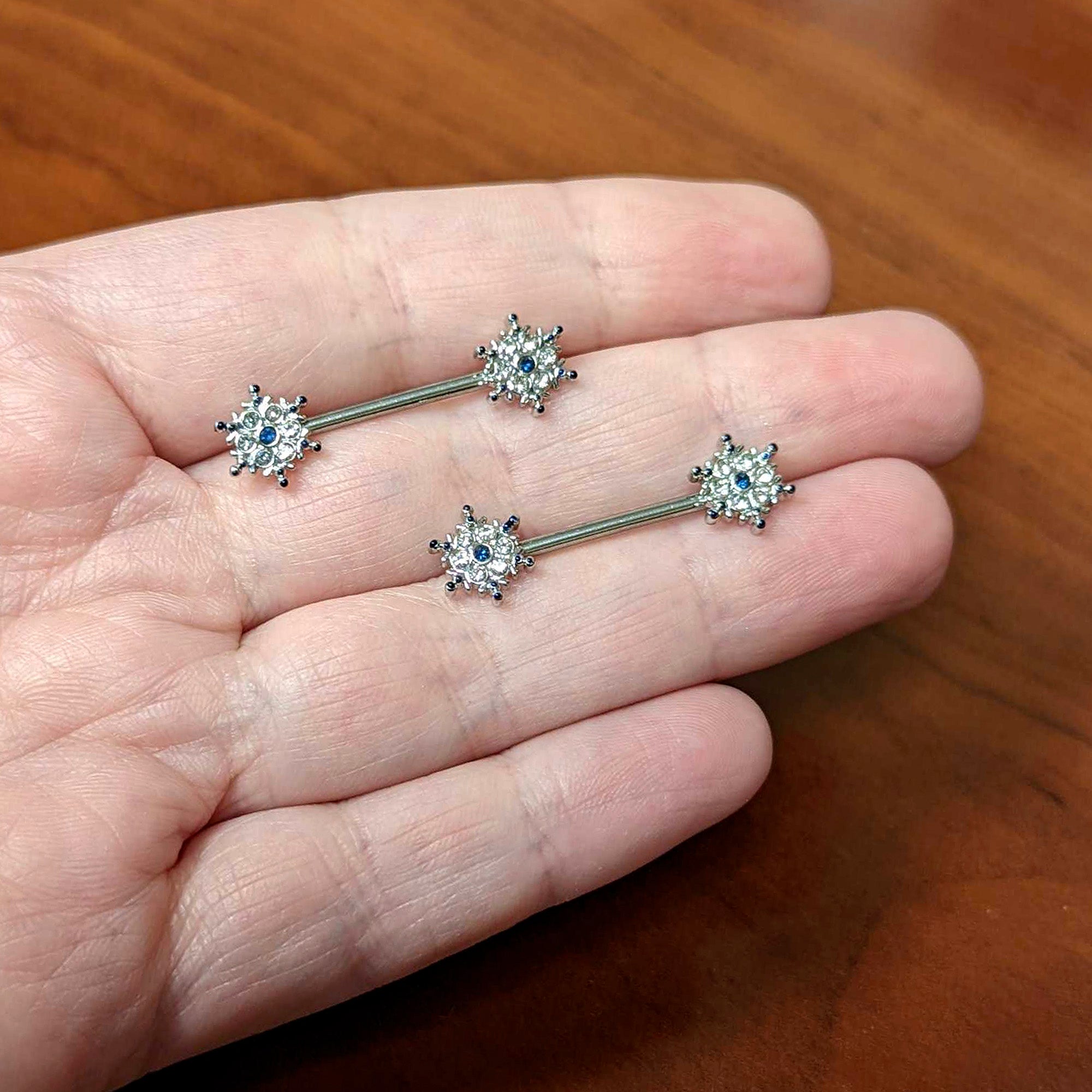 14 Gauge 9/16 Blue Gem Festive Snowflake Christmas Nipple Ring Set