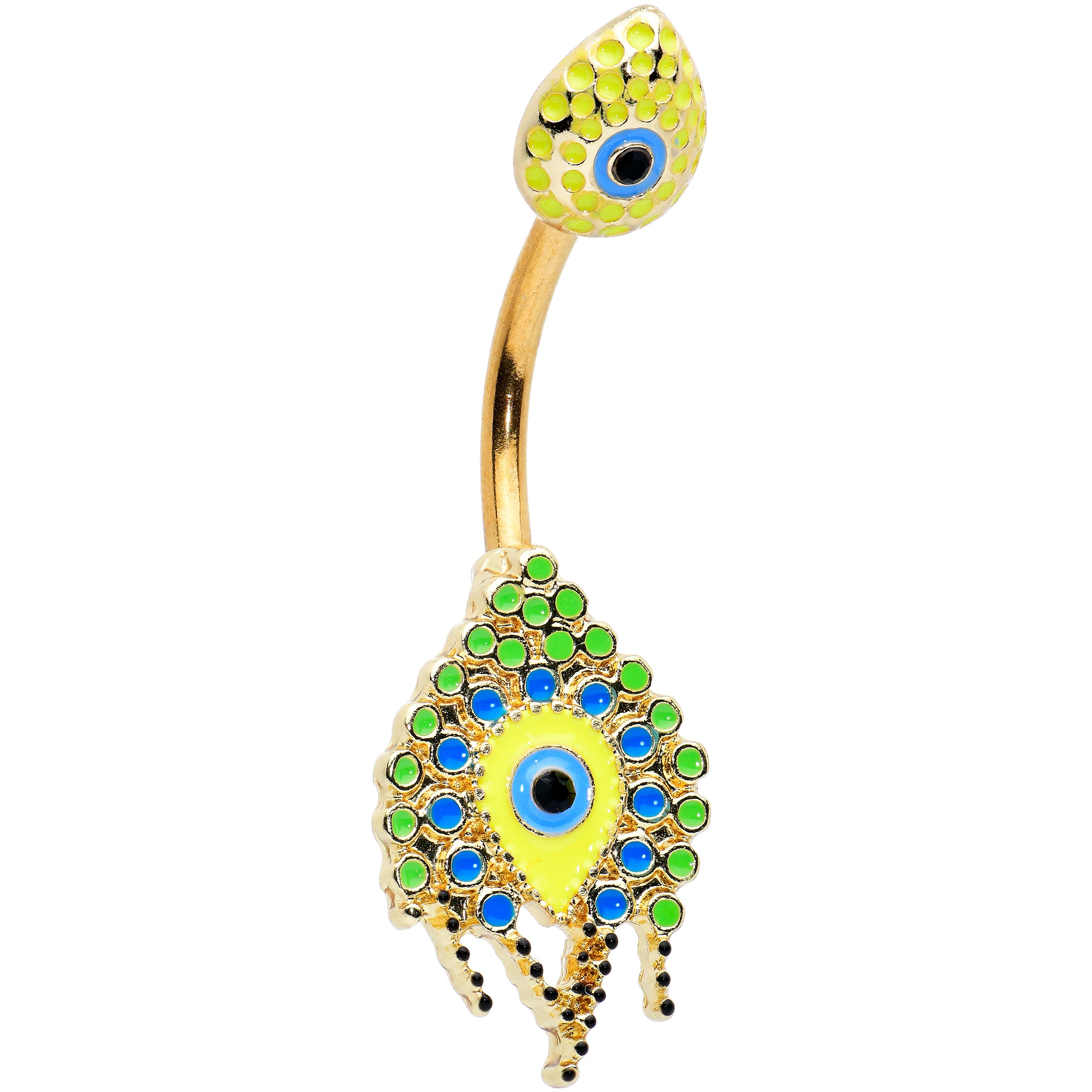 Gold Tone Bold Peacock Feather Double Mount Belly Ring