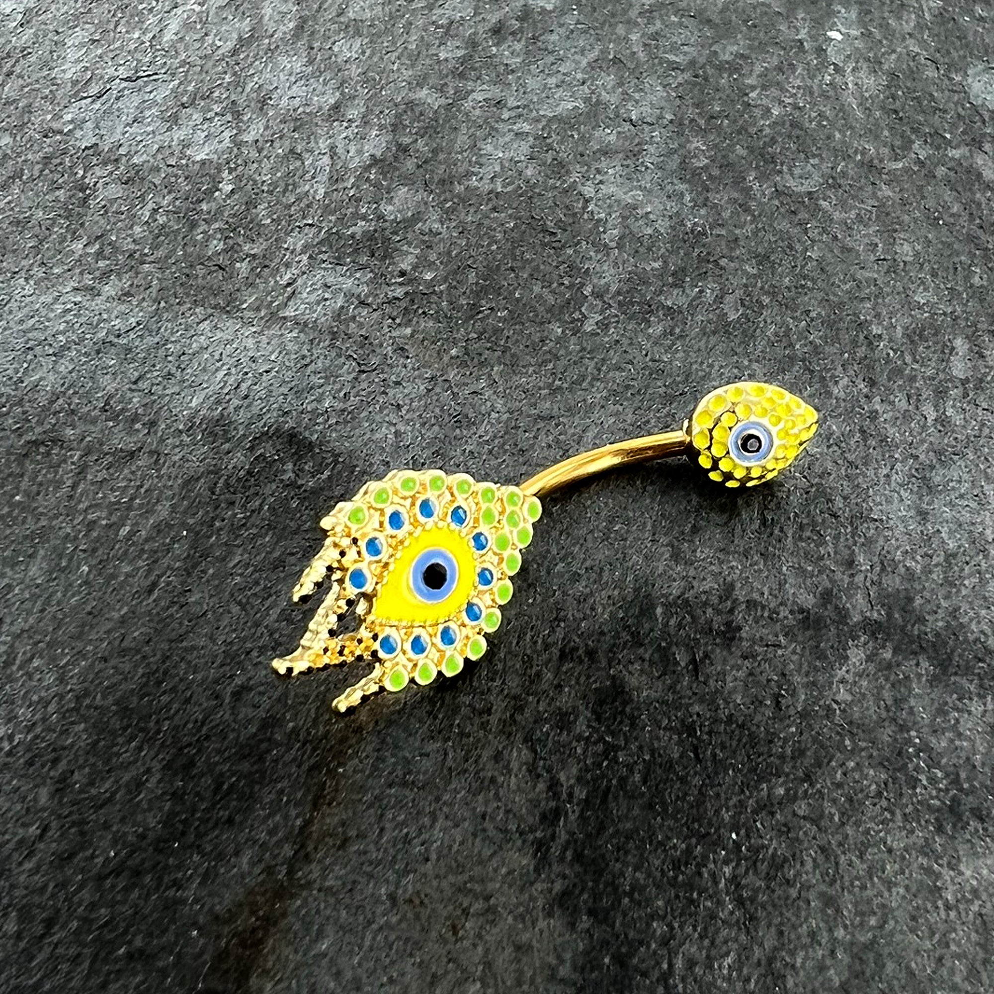 Gold Tone Bold Peacock Feather Double Mount Belly Ring