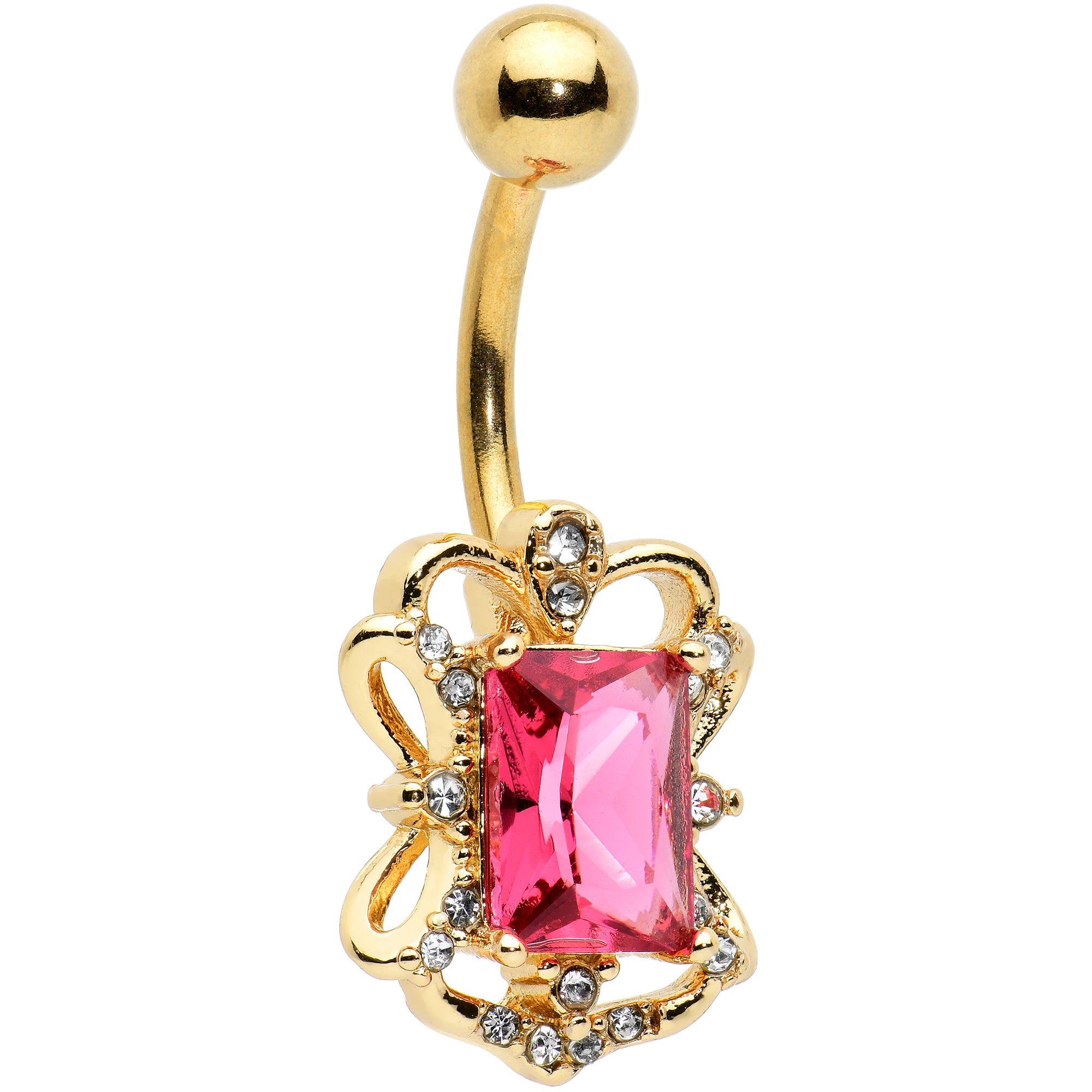 Clear Pink Gem Gold Tone Open Oblong Elegant Belly Ring