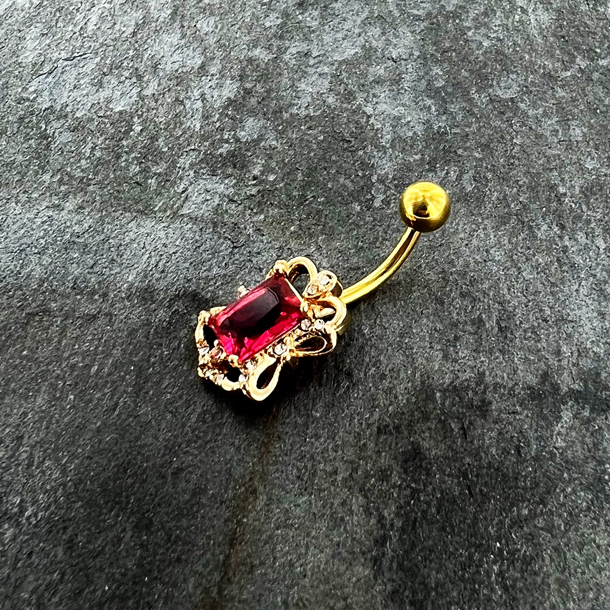 Clear Pink Gem Gold Tone Open Oblong Elegant Belly Ring