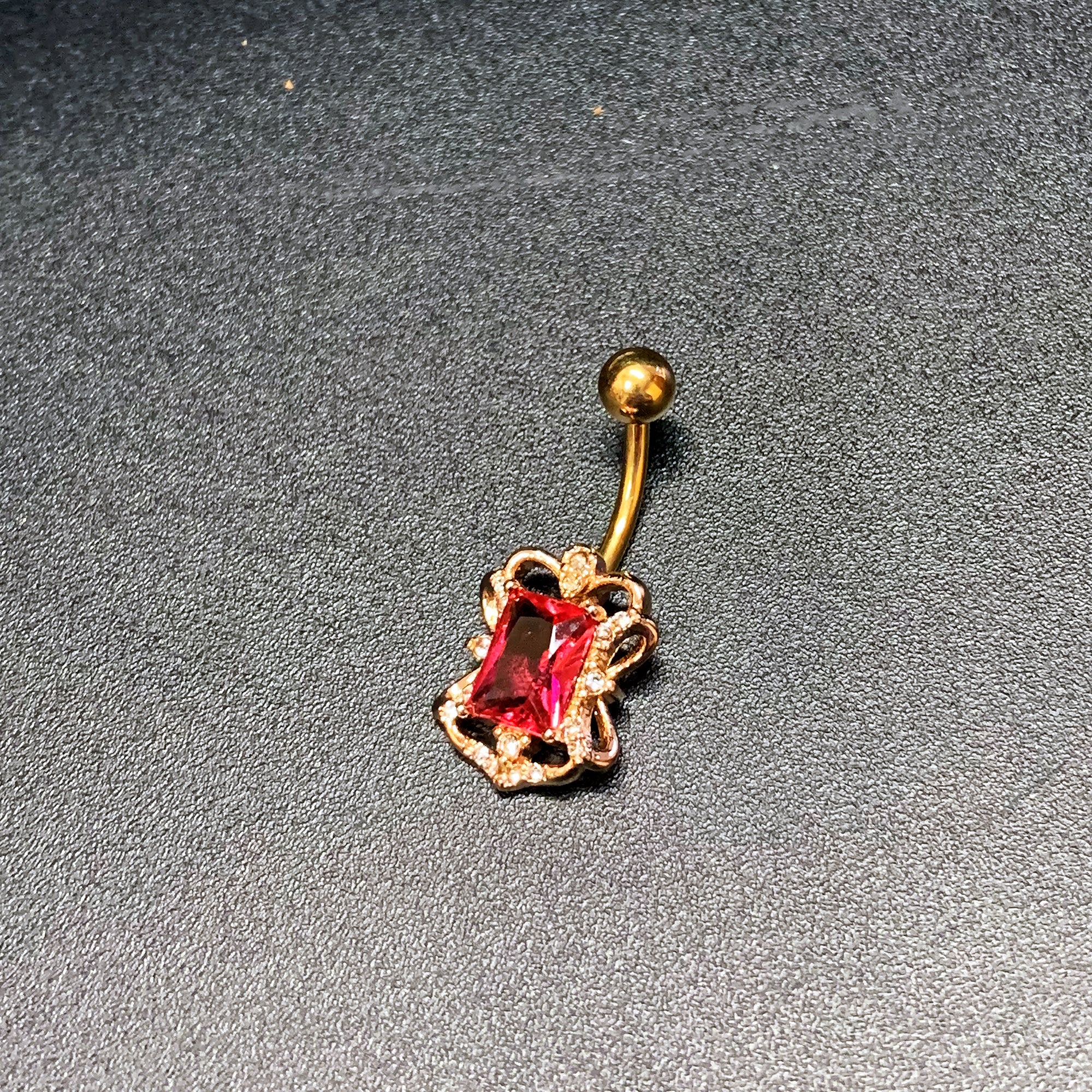 Clear Pink Gem Gold Tone Open Oblong Elegant Belly Ring