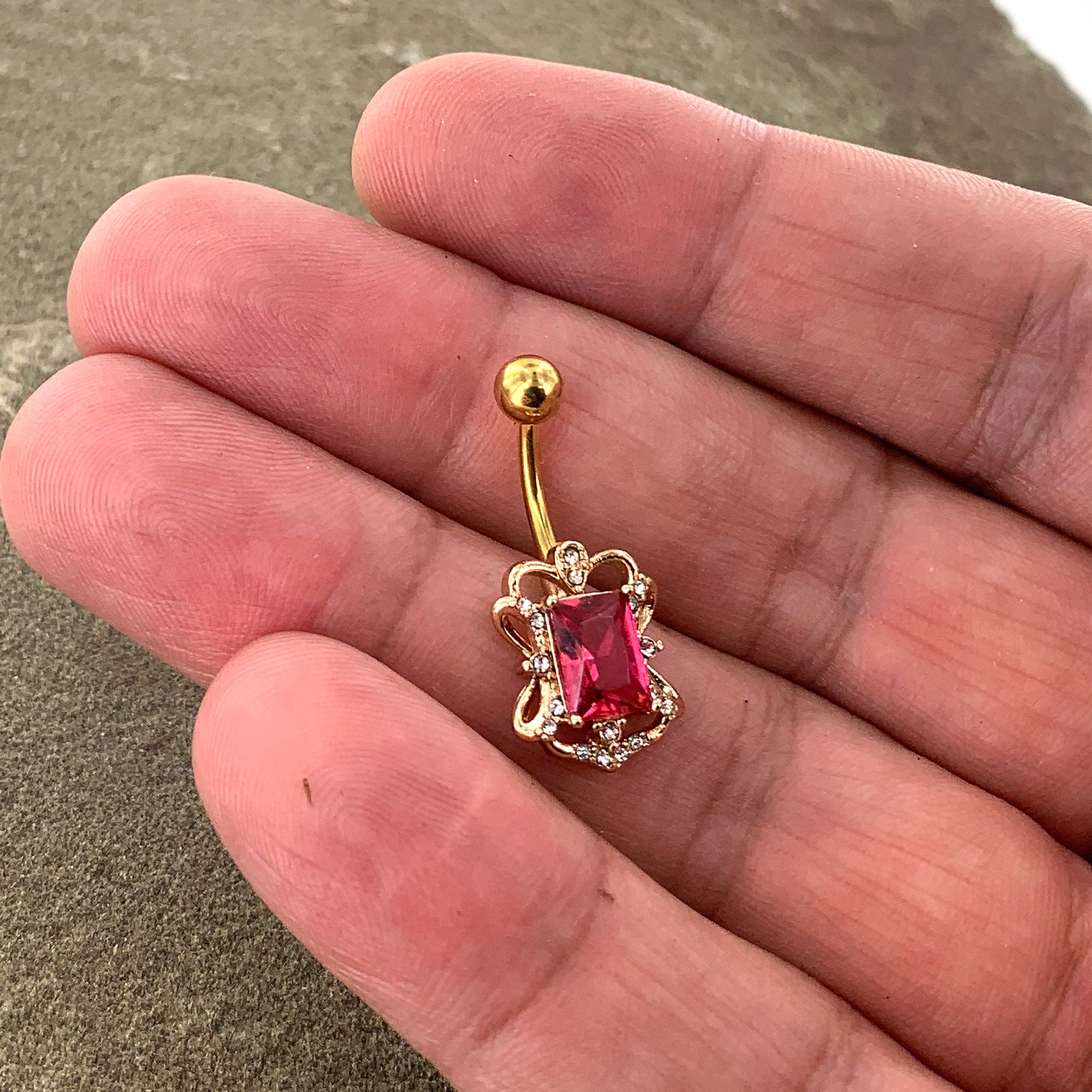 Clear Pink Gem Gold Tone Open Oblong Elegant Belly Ring