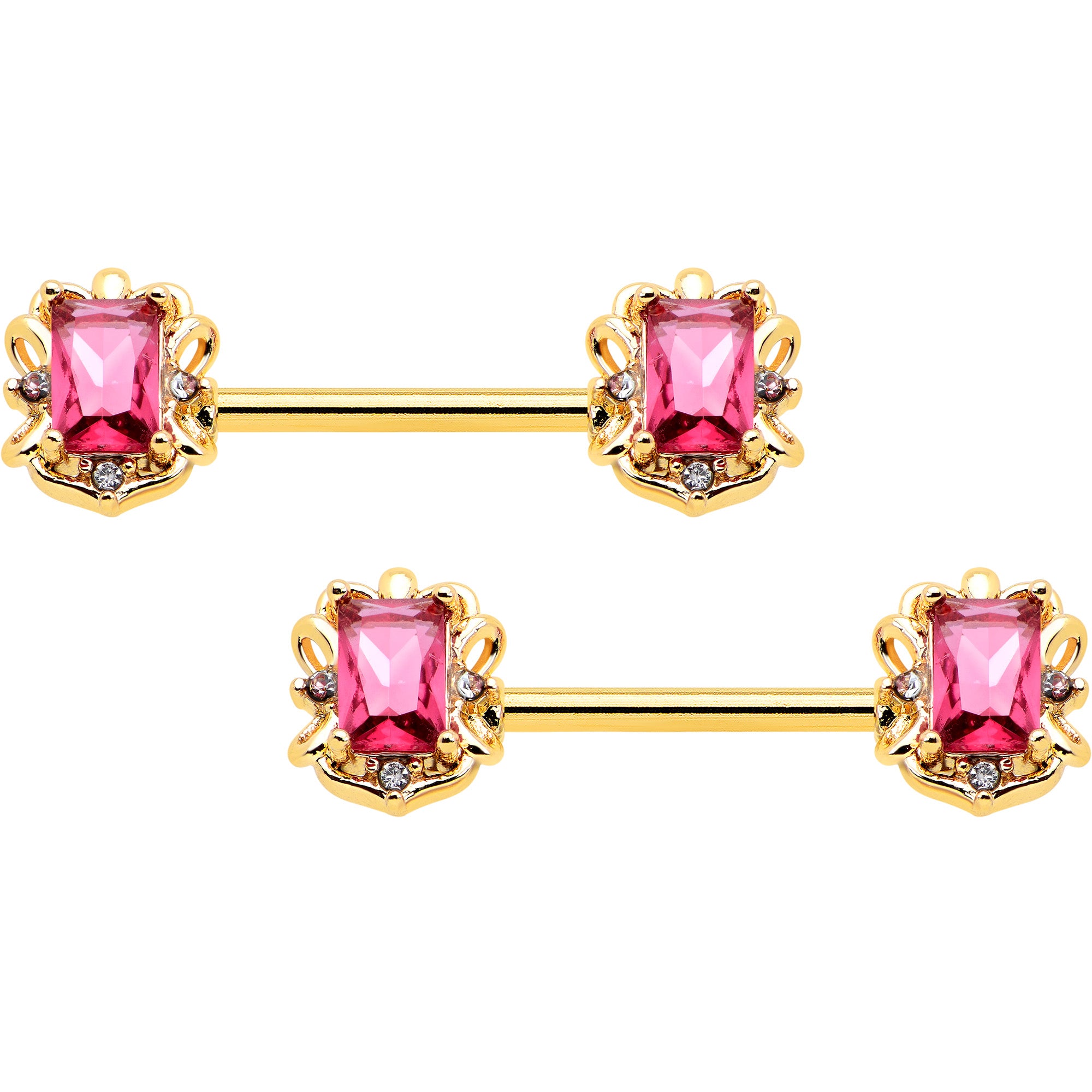 14 Gauge 9/16 Red Gem Gold Hue Regal Escutcheon Barbell Nipple Ring Set