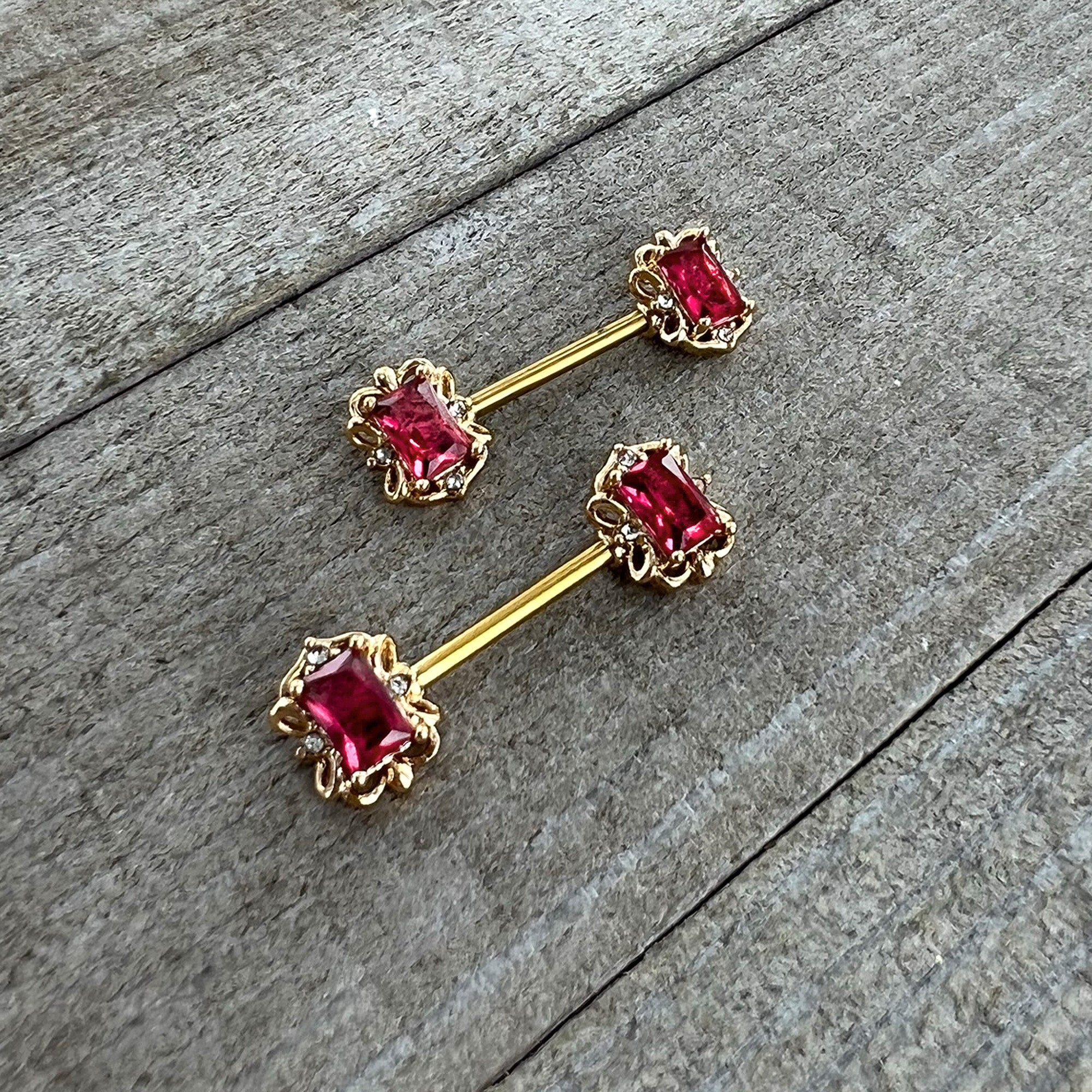 14 Gauge 9/16 Red Gem Gold Hue Regal Escutcheon Barbell Nipple Ring Set