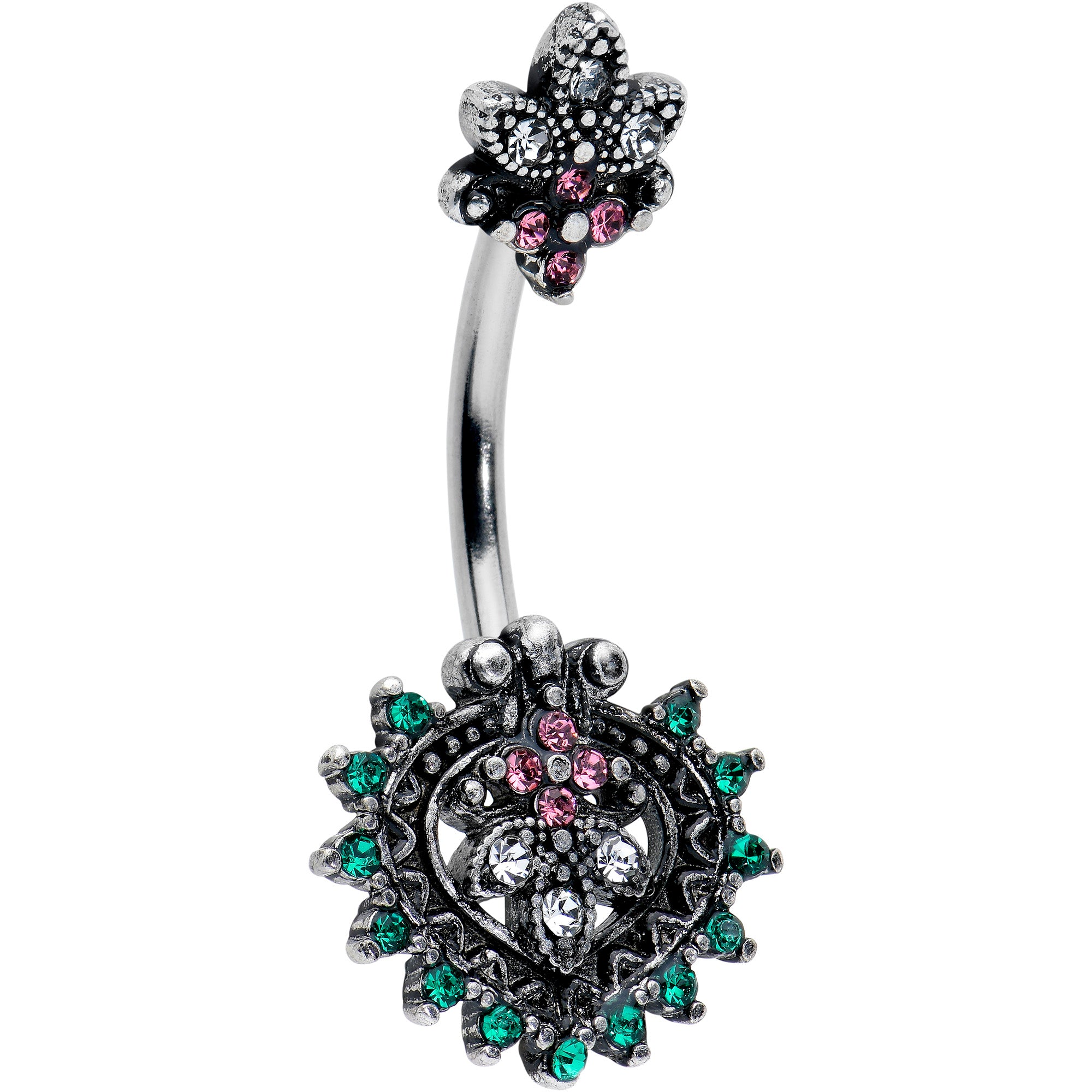 Clear Green Pink Gem Abstract Opulence Double Mount Belly Ring