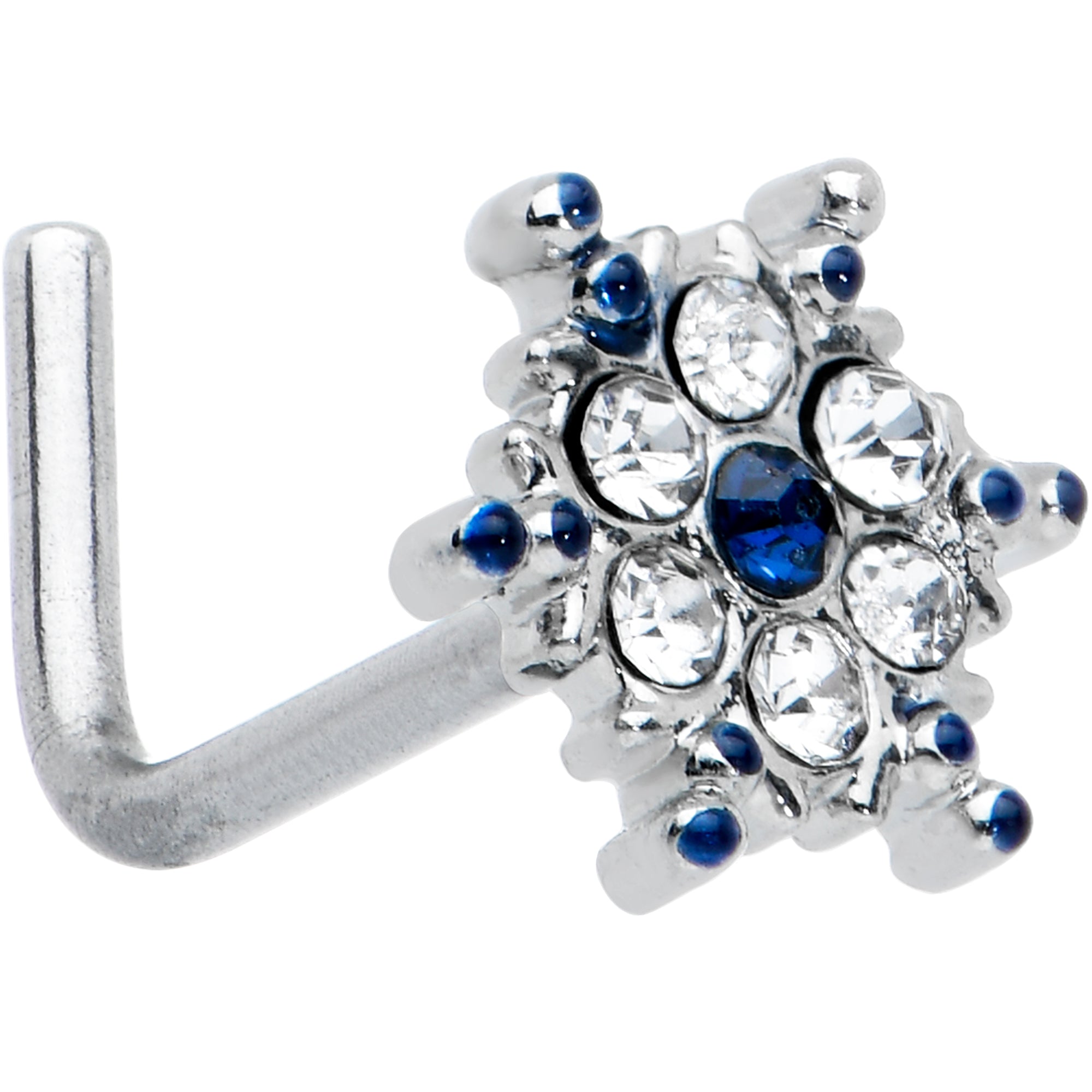 20 Gauge 1/4 Clear Blue Gem Festive Snowflake L Shape Nose Ring