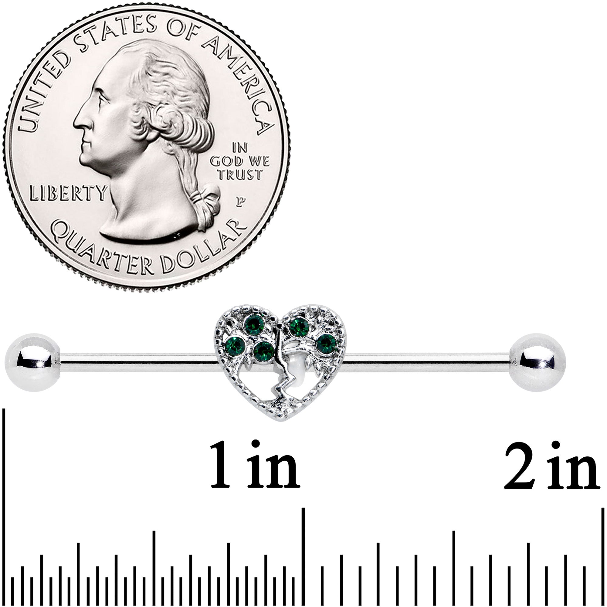 14 Gauge Green Gem Heart Tree Valentines Day Industrial Barbell 38mm