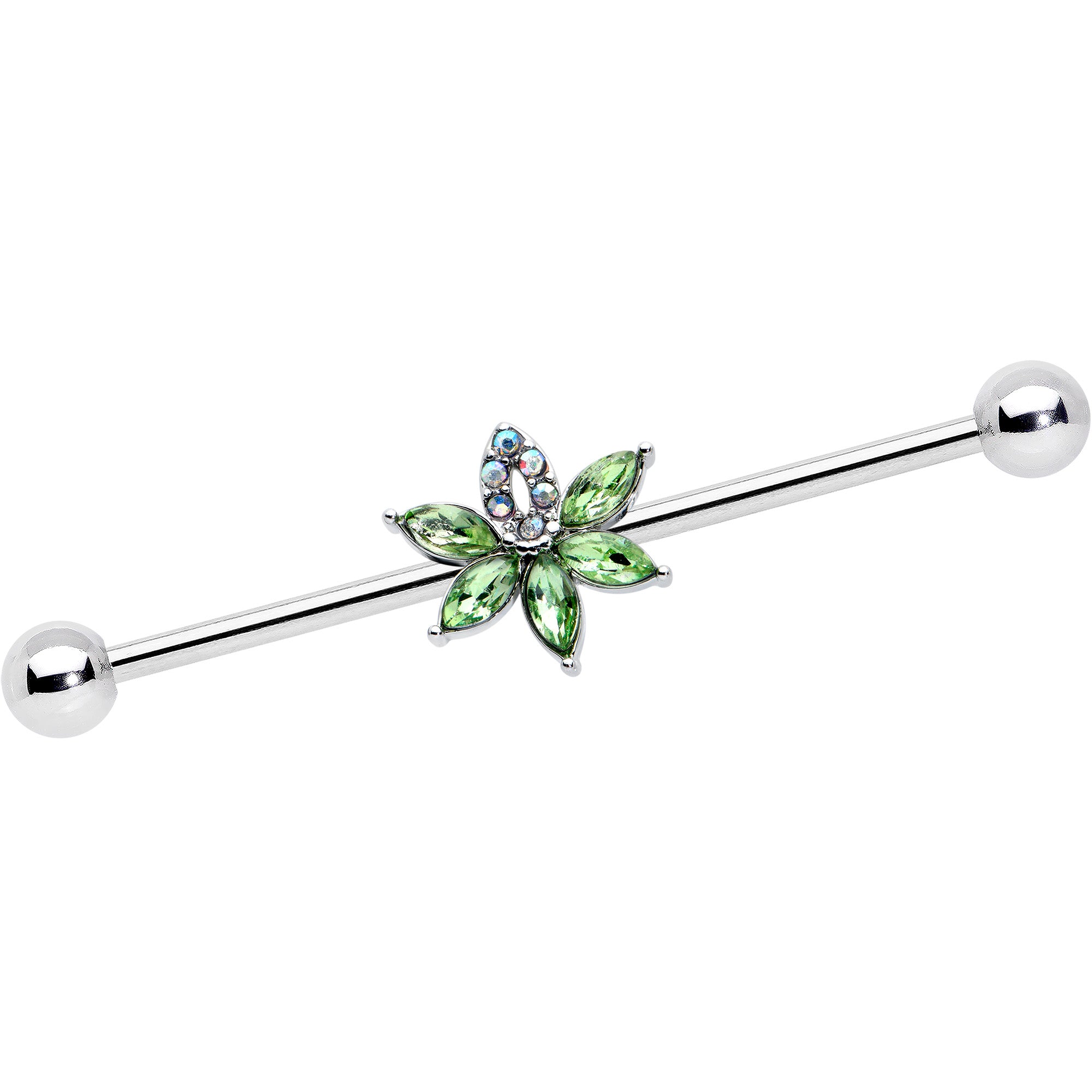 14 Gauge Aurora Green Gem Pot Leaf Industrial Barbell 38mm