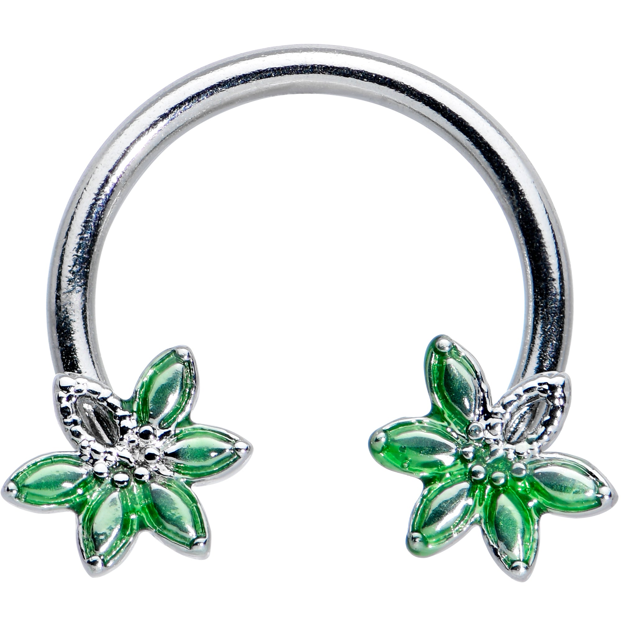 16 Gauge 3/8 Green Gem Texture Loopy Pot Leaf Horseshoe Curved Barbell