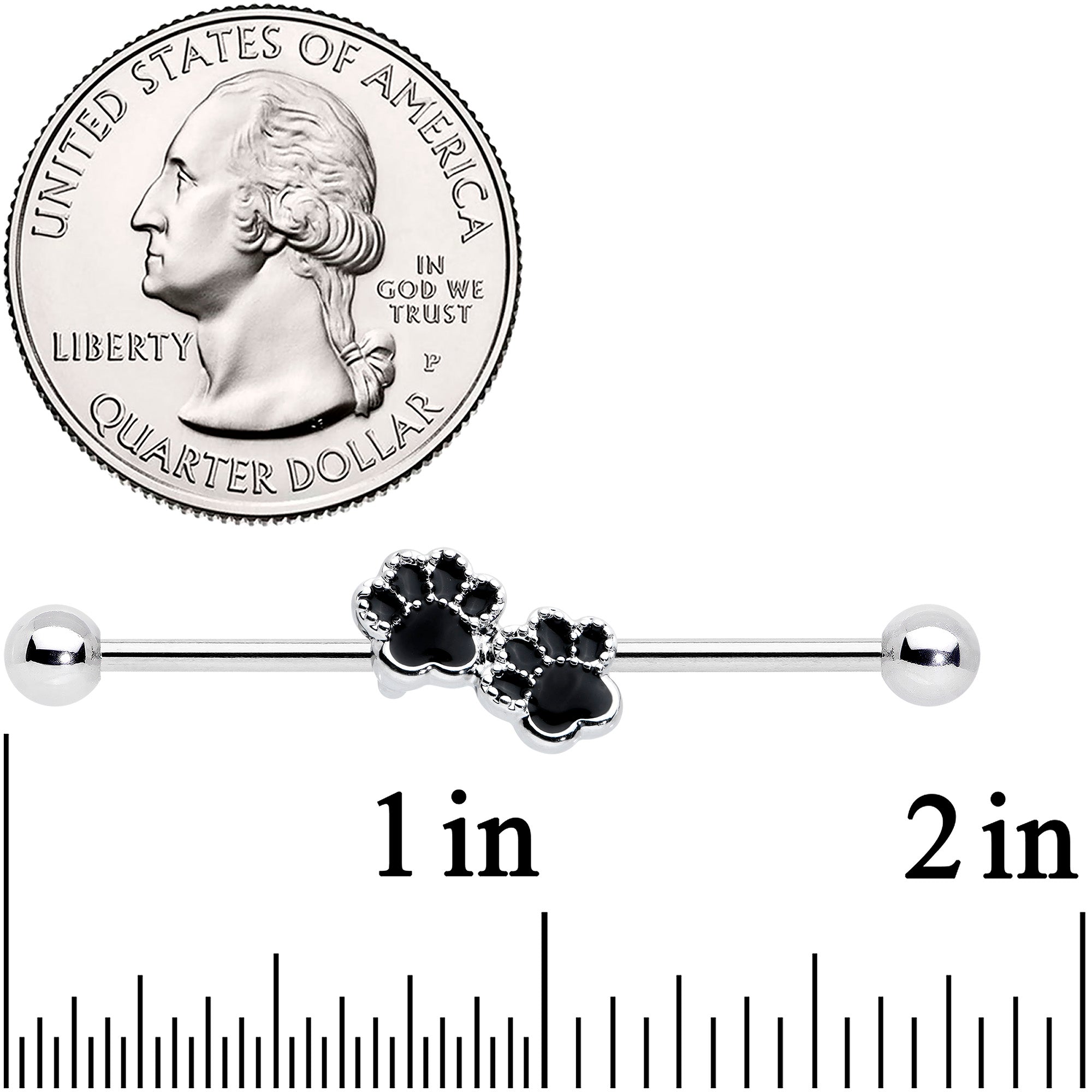 14 Gauge Textured Black Paw Prints Industrial Barbell 38mm