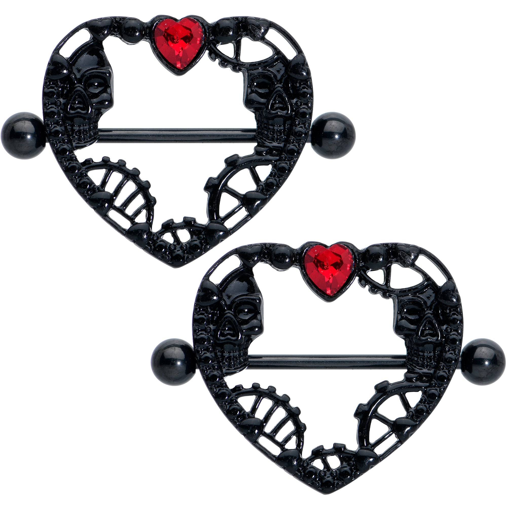 14 Gauge 7/8 Red Gem Black Skeleton Steampunk Heart Nipple Shield Set