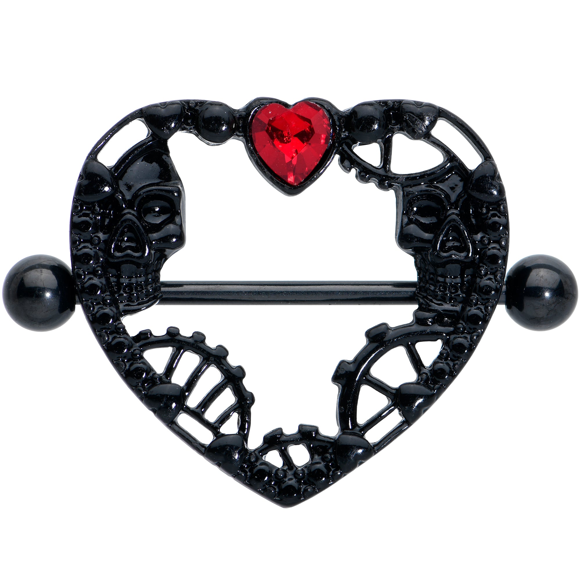 14 Gauge 7/8 Red Gem Black Skeleton Steampunk Heart Nipple Shield Set