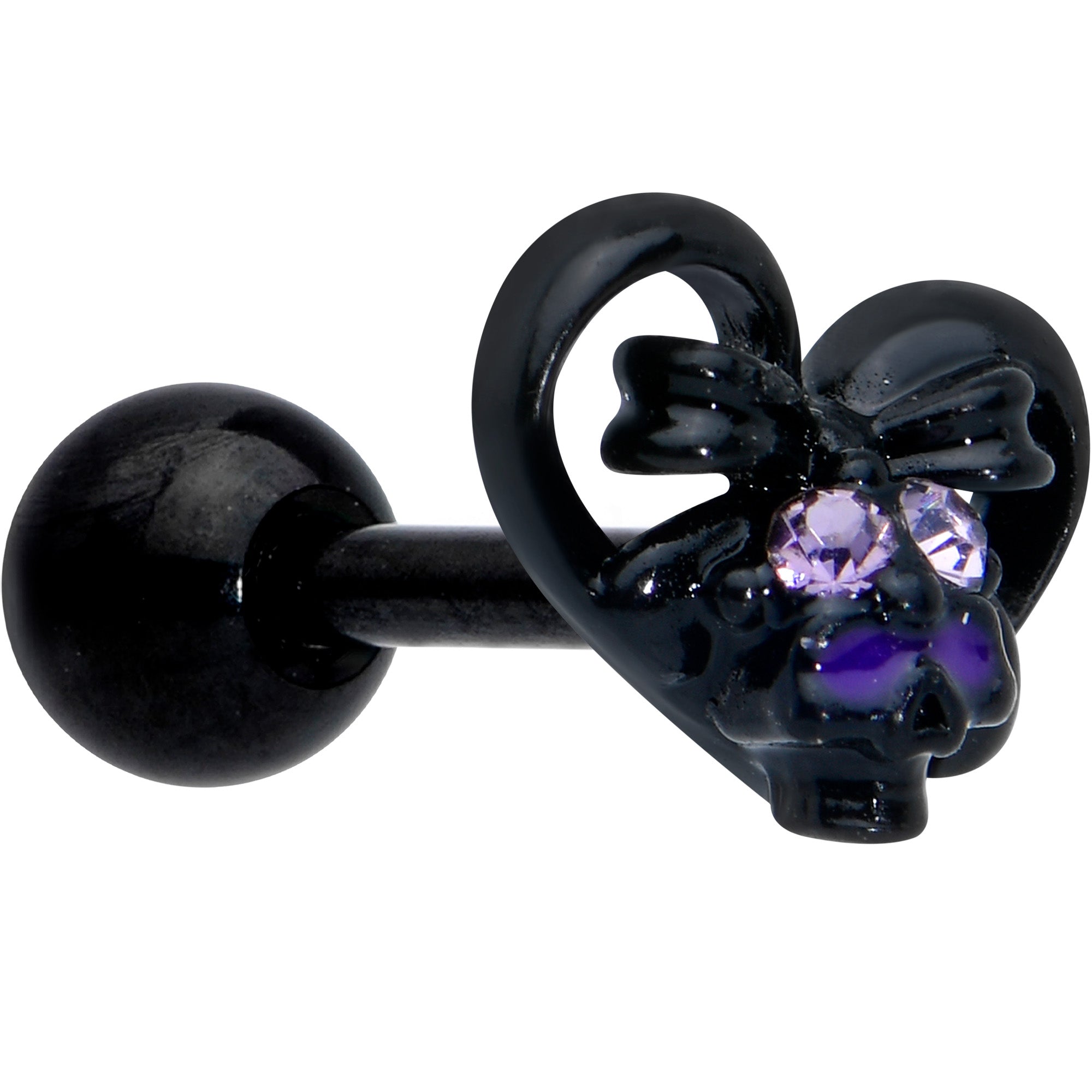 16 Gauge 1/4 Purple Gem Black Heart Skull Bow Cartilage Tragus Earring