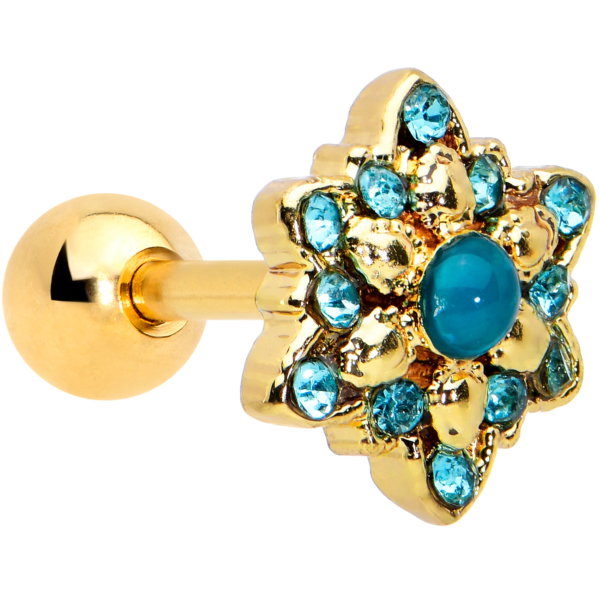 16 Gauge 1/4 Blue Gem Gold Tone Snowflake Cartilage Tragus Earring