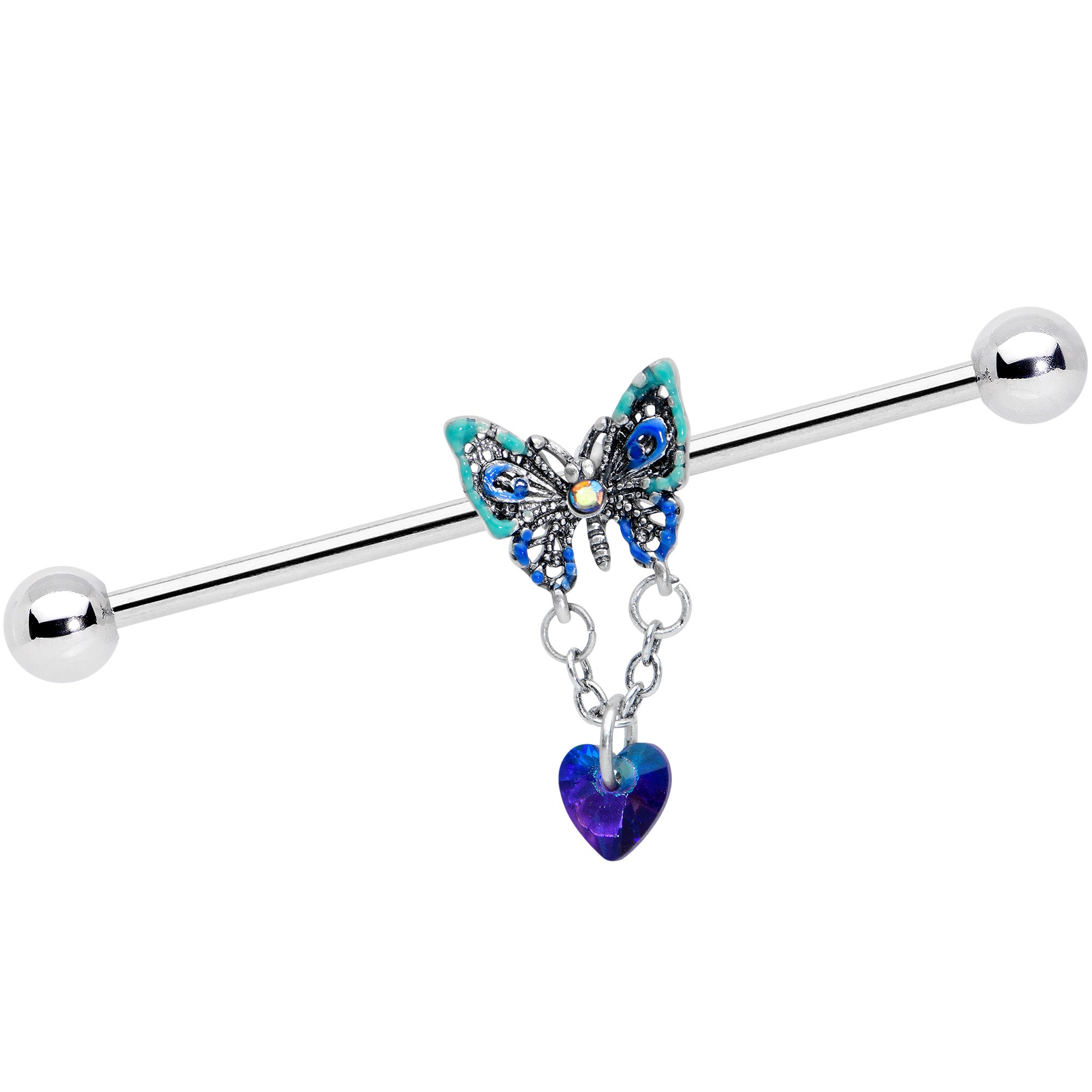 14 Gauge Blue Gem Heart Butterfly Dangle Industrial Barbell 38mm