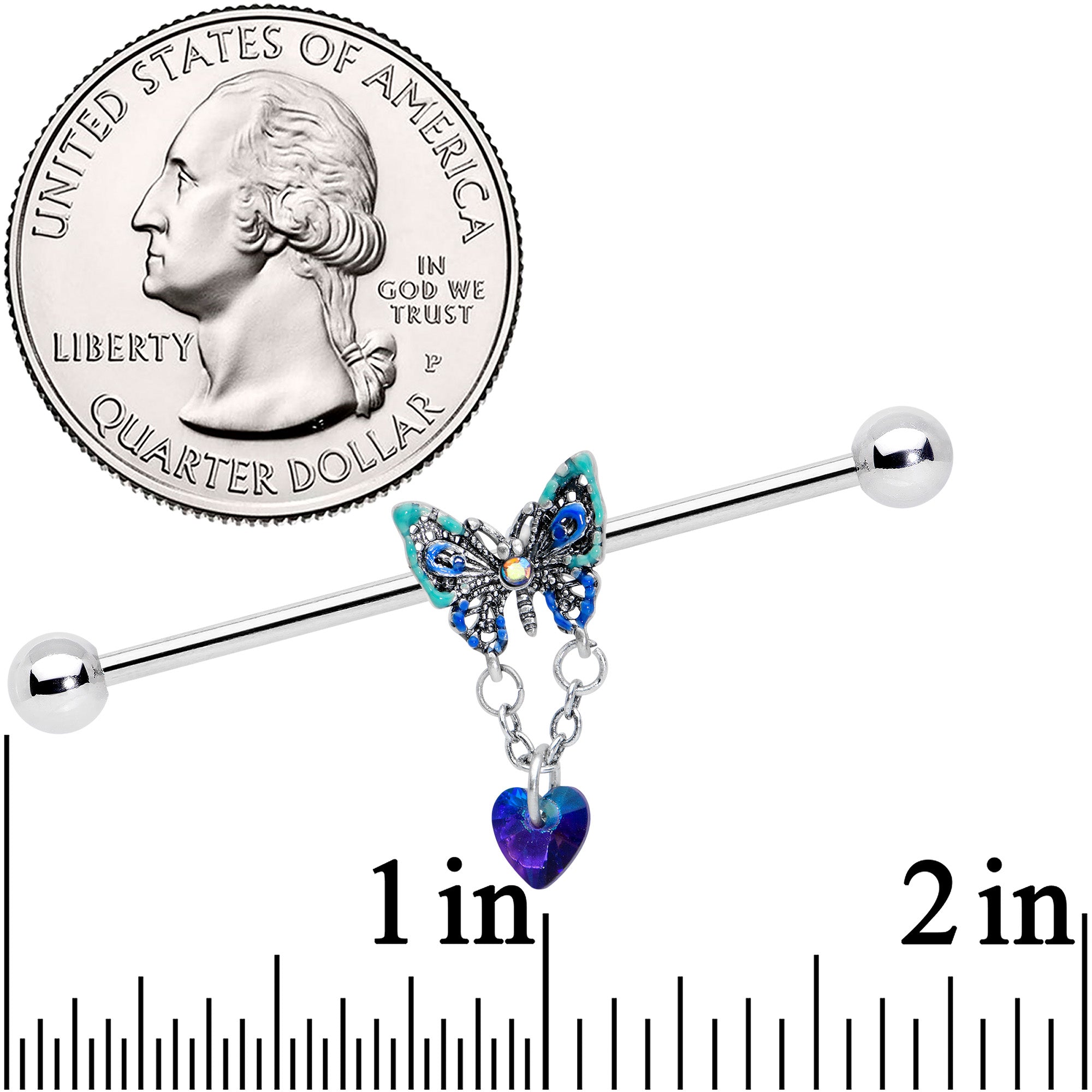 14 Gauge Blue Gem Heart Butterfly Dangle Industrial Barbell 38mm