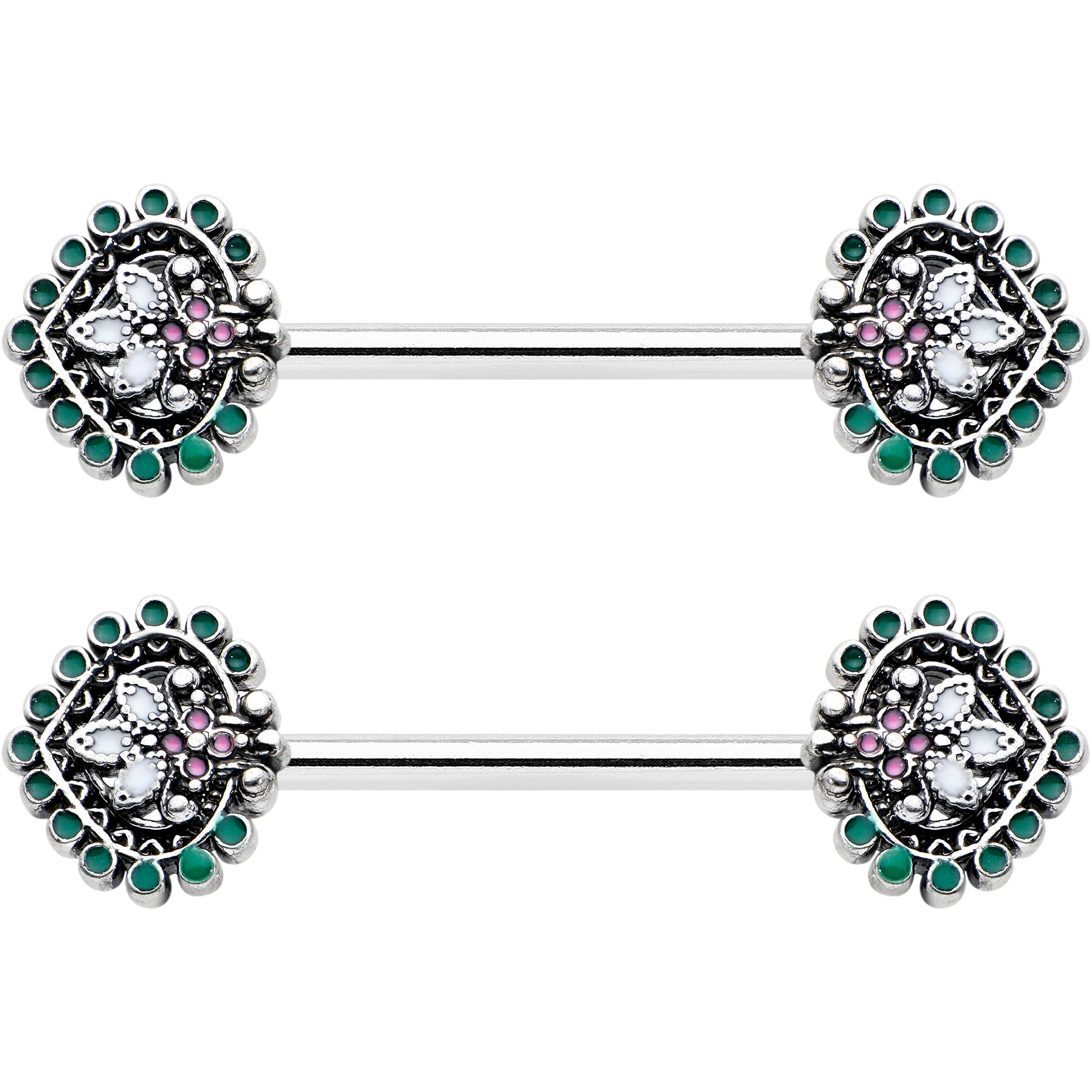 14 Gauge 9/16 Stylized Pink Green Leaf Barbell Nipple Ring Set