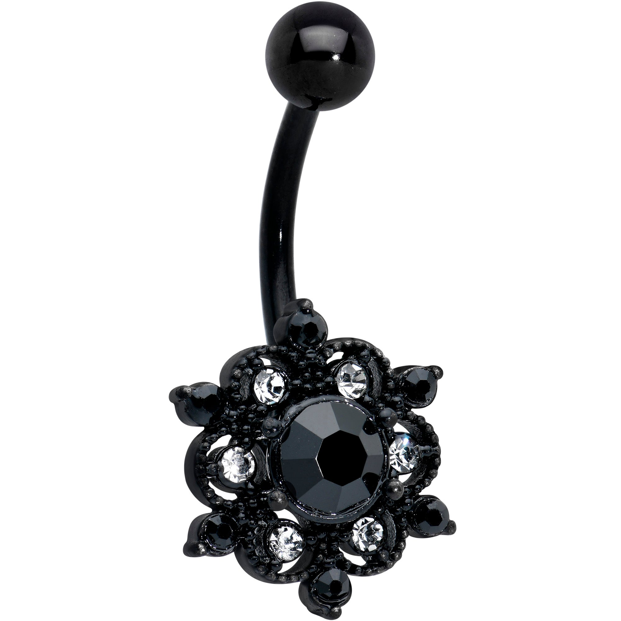 Clear Black CZ Gem Black Abstract Sun Belly Ring