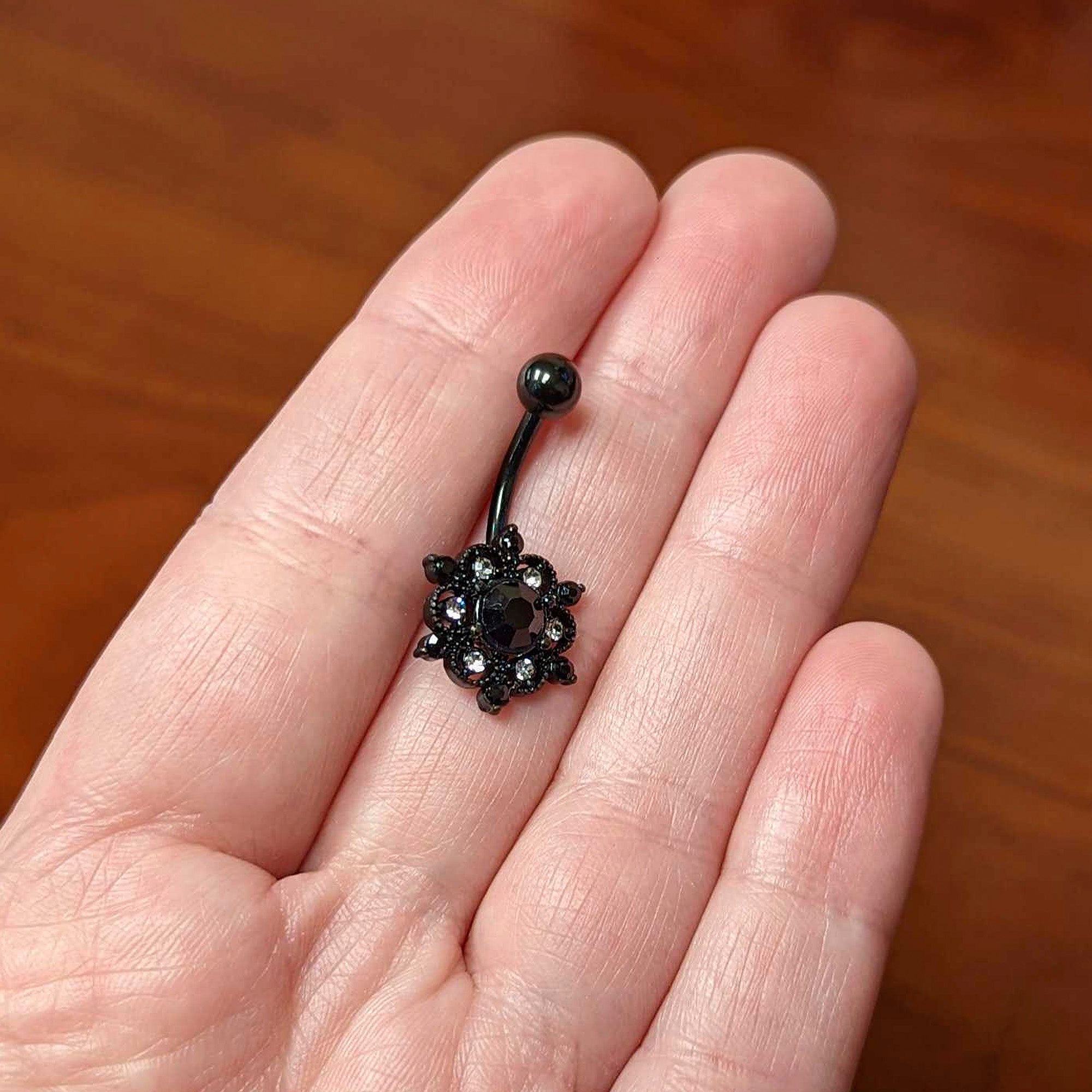 Clear Black CZ Gem Black Abstract Sun Belly Ring