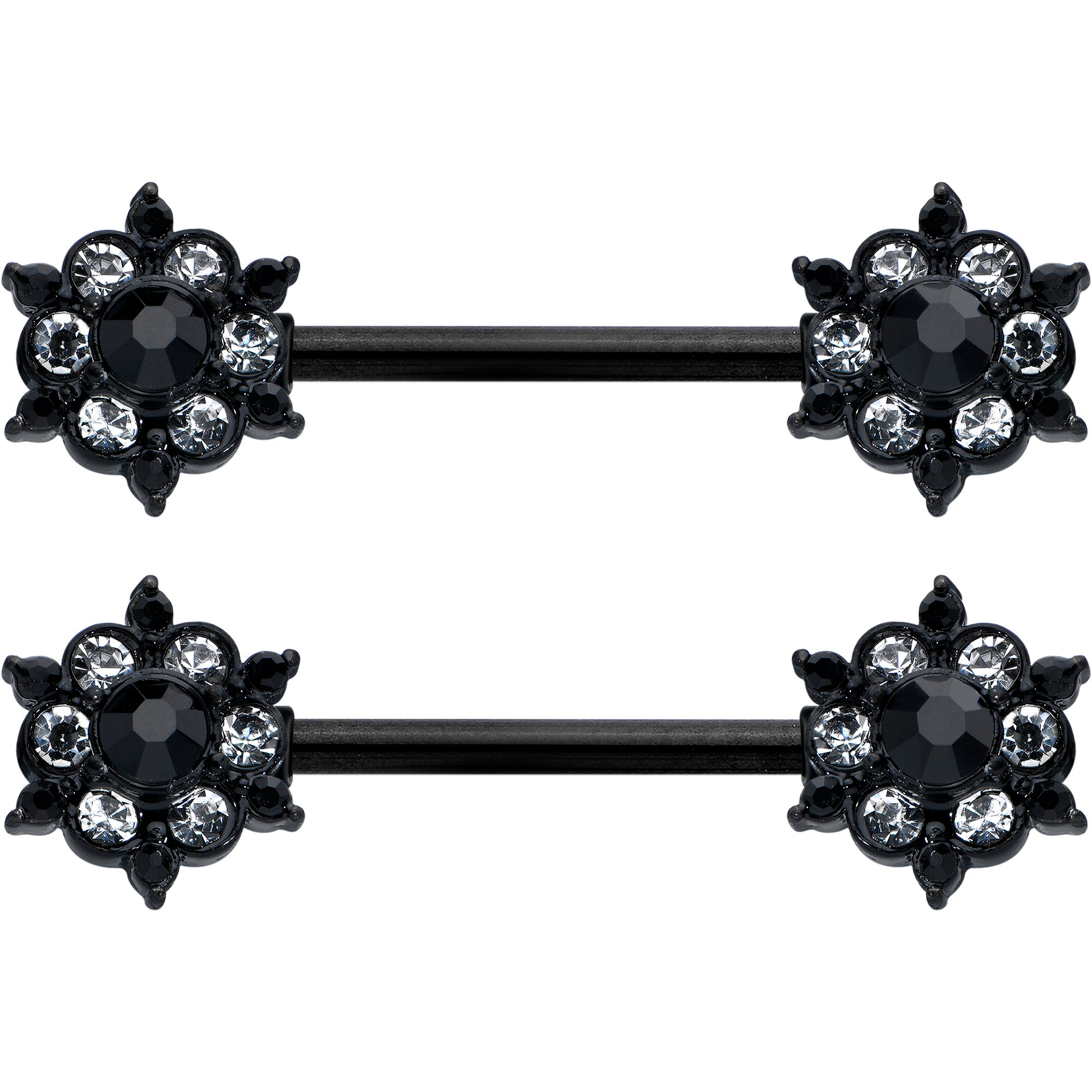 14 Gauge 9/16 Clear CZ Gem Black Abstract Sun Barbell Nipple Ring Set