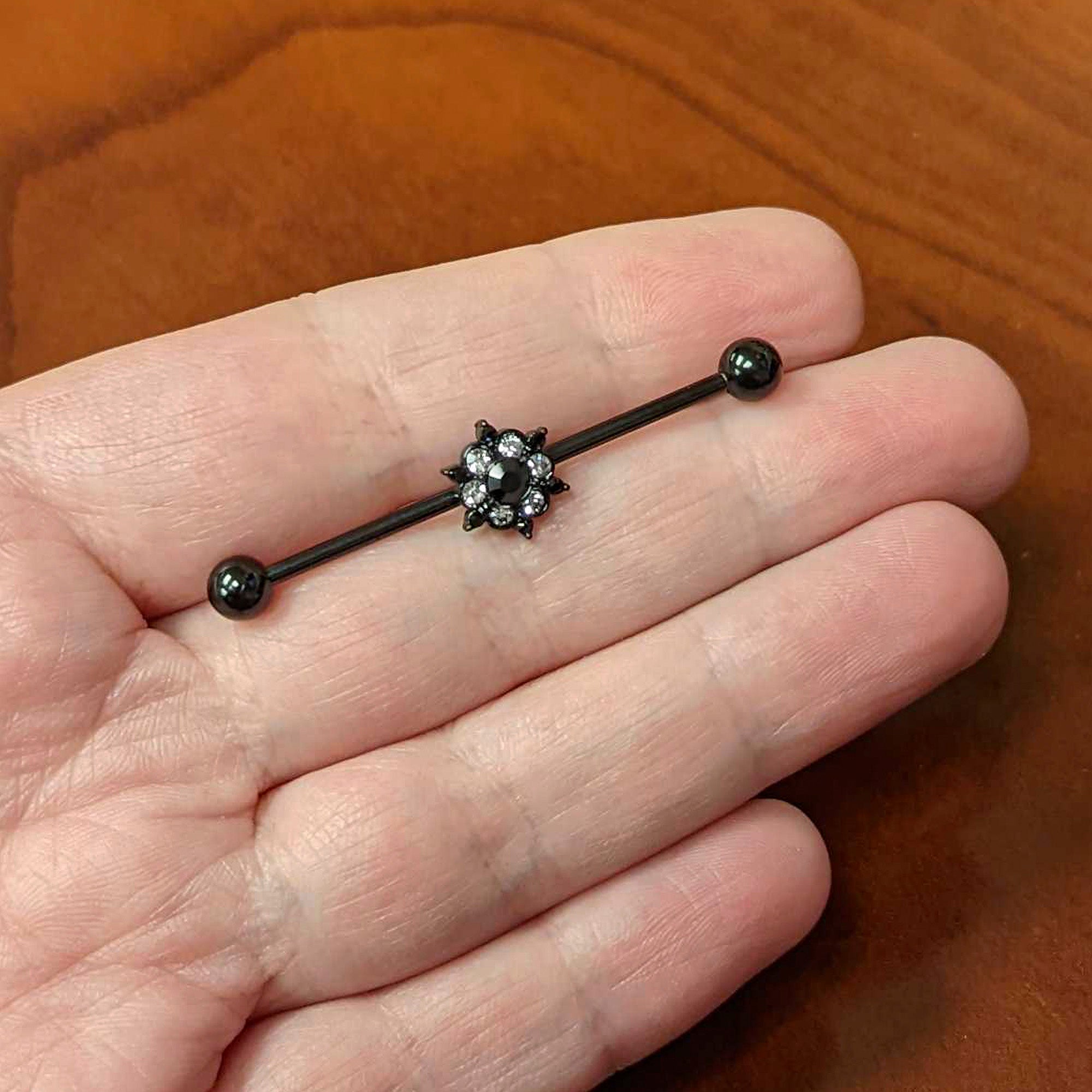 14 Gauge Clear CZ Gem Black Abstract Sun Industrial Barbell 38mm