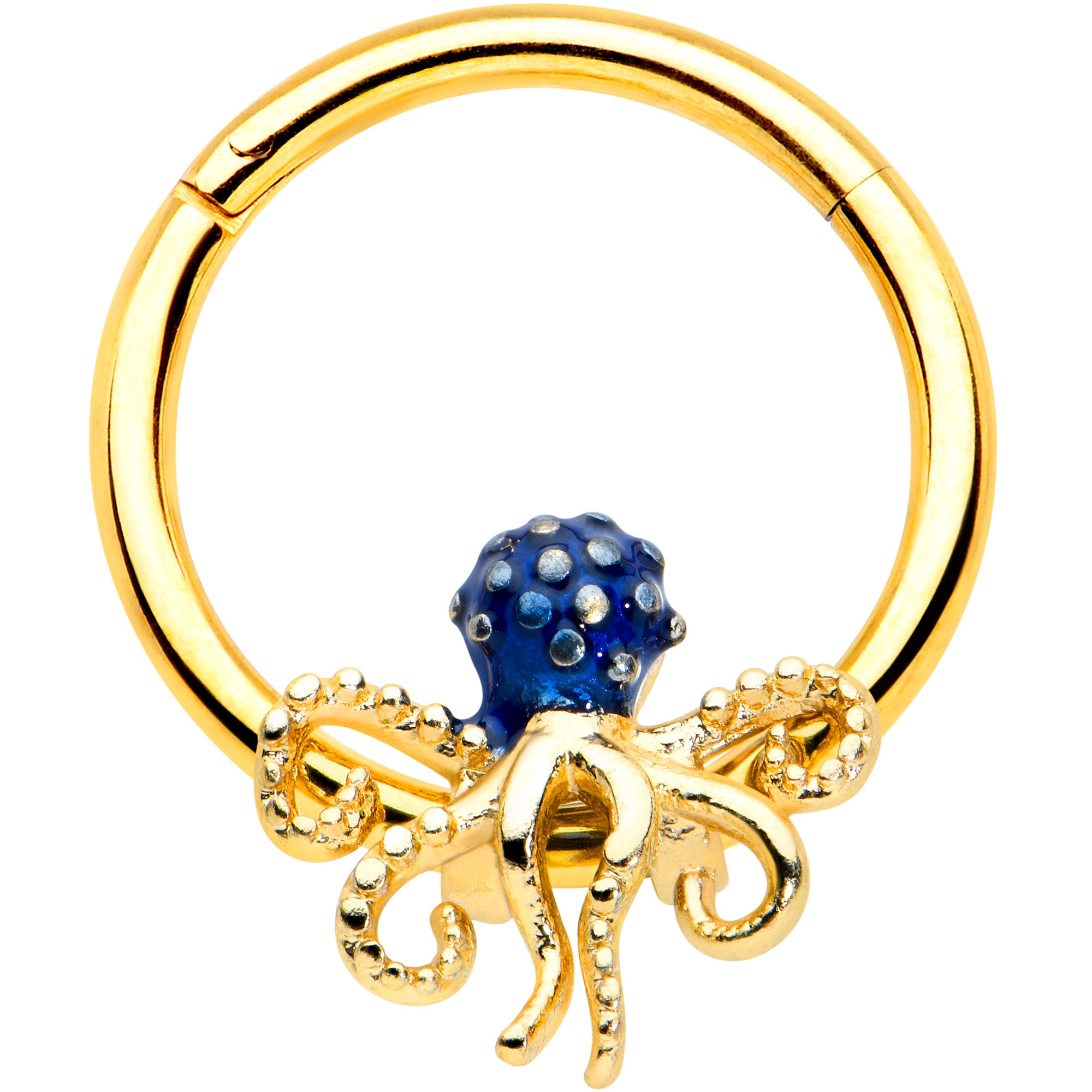 16 Gauge 3/8 Gold Tone Textured Blue Octopus Hinged Segment Ring